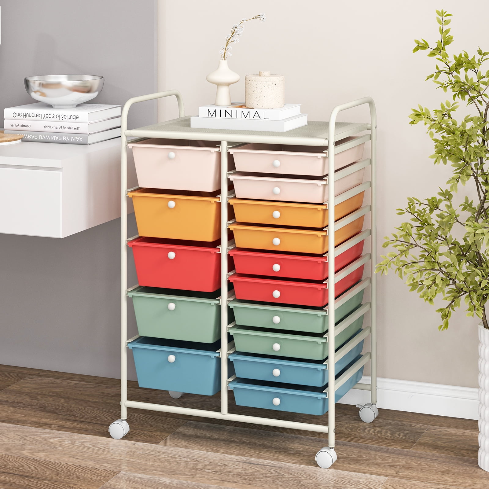 Costway 15 Drawer Art & Craft Rolling Storage Cart Tools Scrapbook Paper Office School Organizer Macaron - Image 9