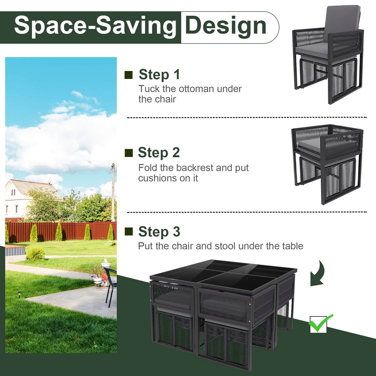 Costway 9 PCS Patio Dining Set with PE Rattan Chairs Tempered Glass Table and Ottomans - Image 3