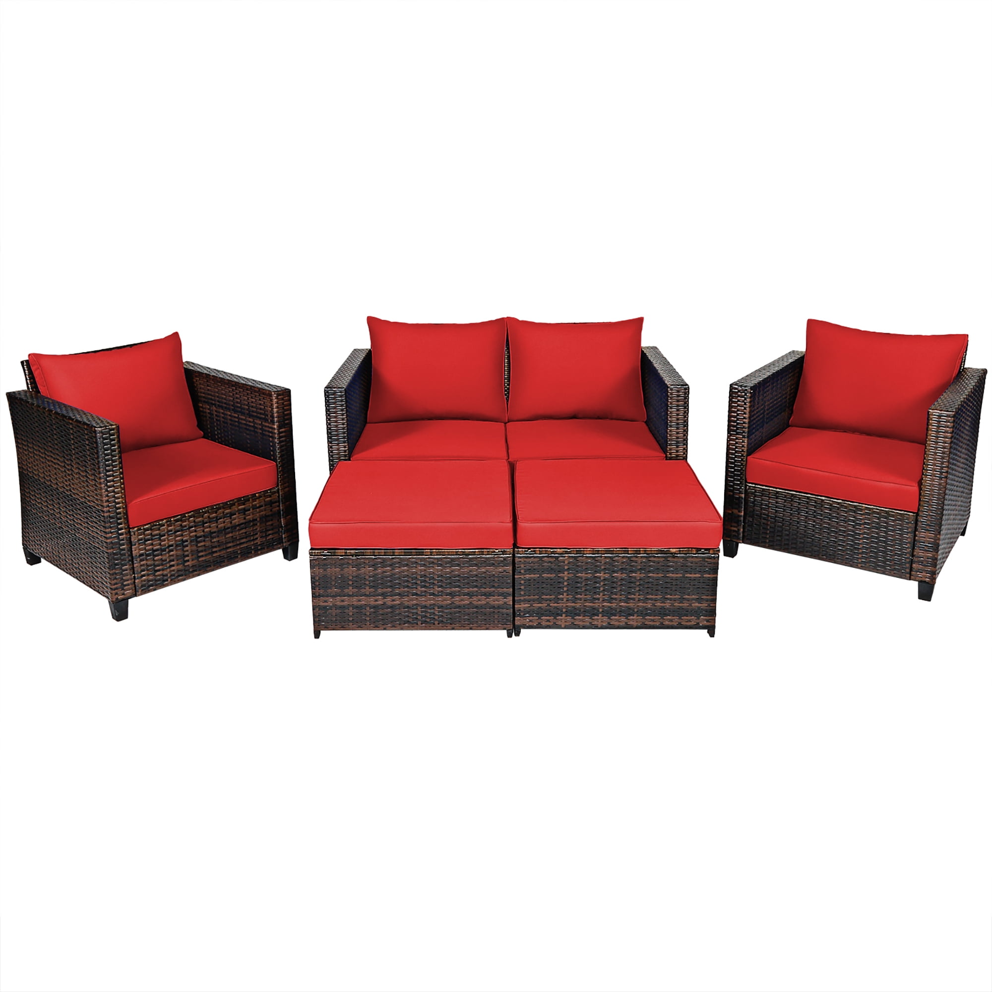 Costway 5PCS Patio Rattan Furniture Set Loveseat Sofa Ottoman Cushioned Red - Image 9