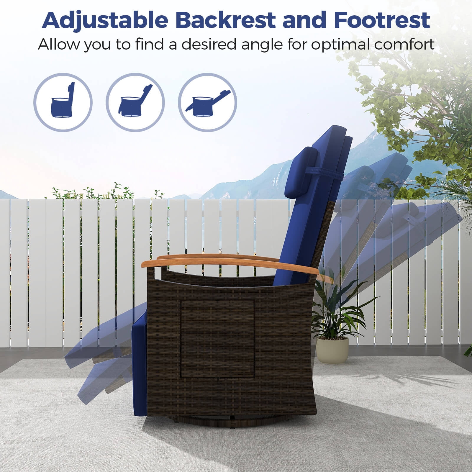 Costway Outdoor 360° Swivel Rattan Recliner Chair Patio Wicker Chaise Lounge Chair Navy - Image 9