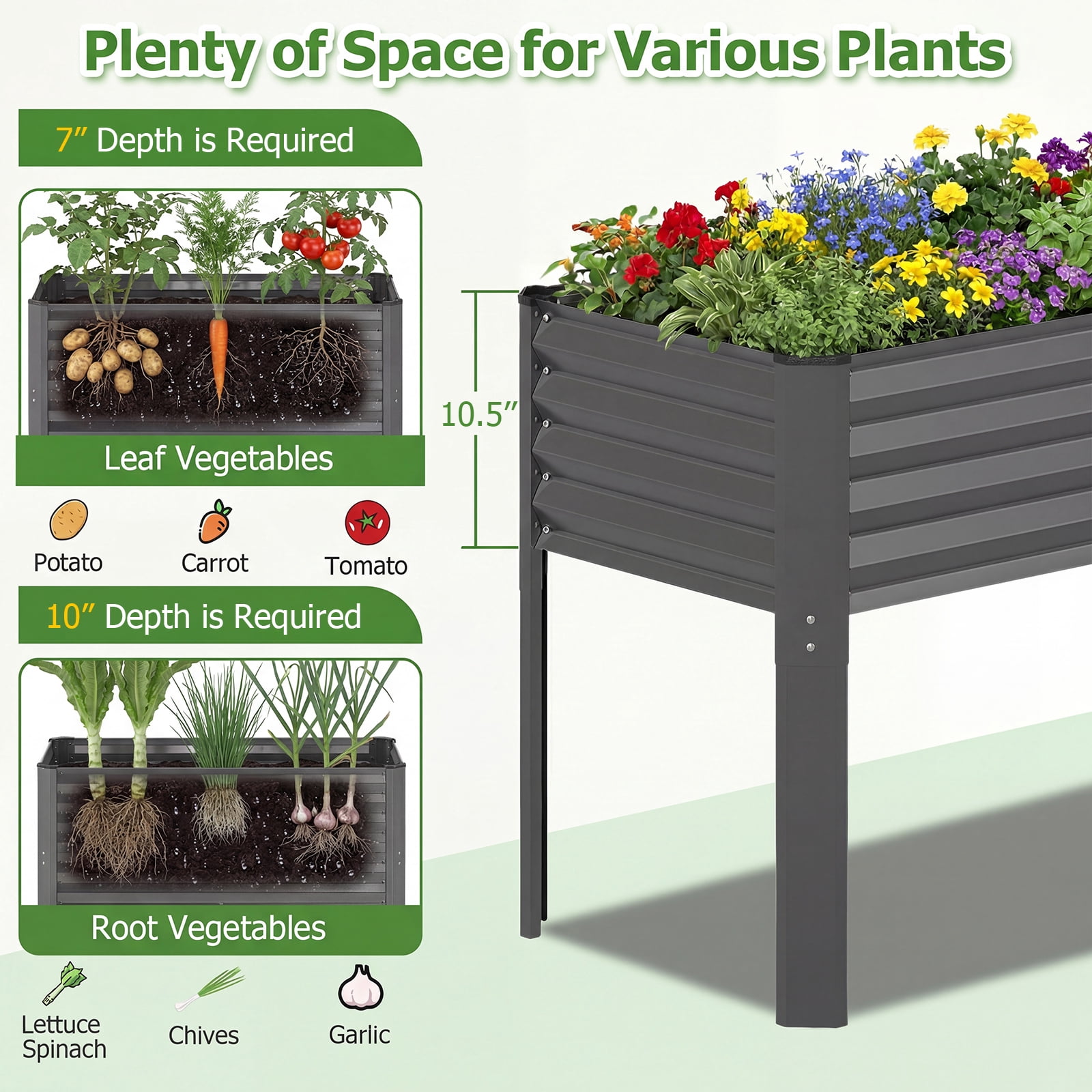 Costway 1 PCS Galvanized Raised Garden Bed with Legs, Metal Elevated Planter Box for Vegetables Gray - Image 3