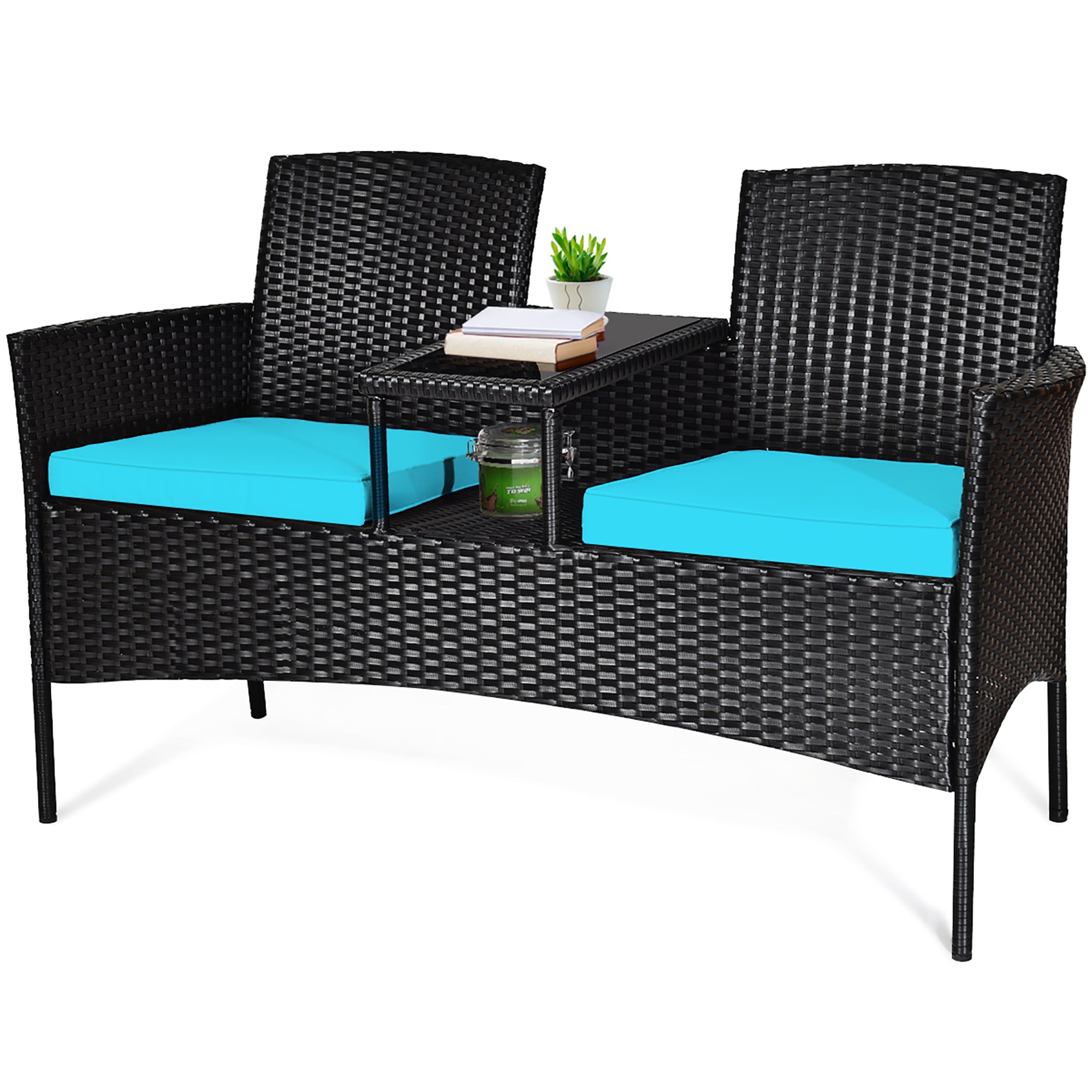 Costway Patio Rattan Conversation Set Seat Sofa Cushioned Loveseat Chairs Turquoise - Image 3