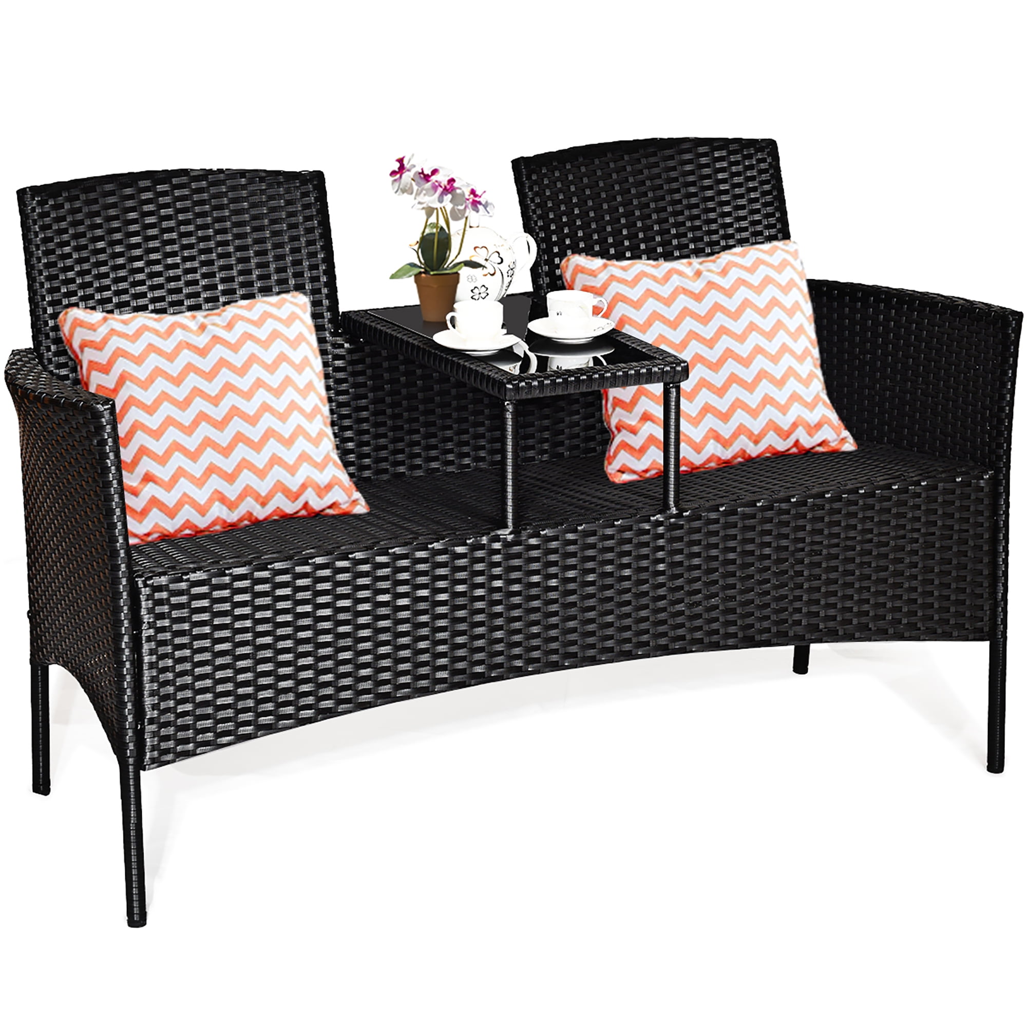Costway Patio Rattan Conversation Set Seat Sofa Cushioned Loveseat Chairs Turquoise - Image 2