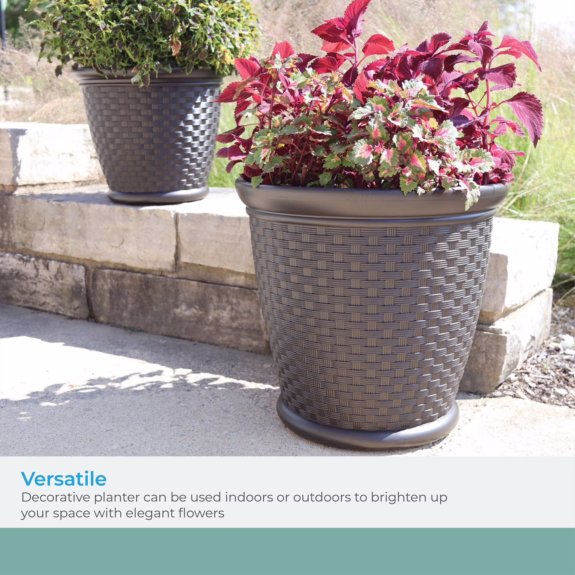 Suncast Sonora 22 Inch Resin Wicker Decorative Garden Flower Planter, Brown - Image 4