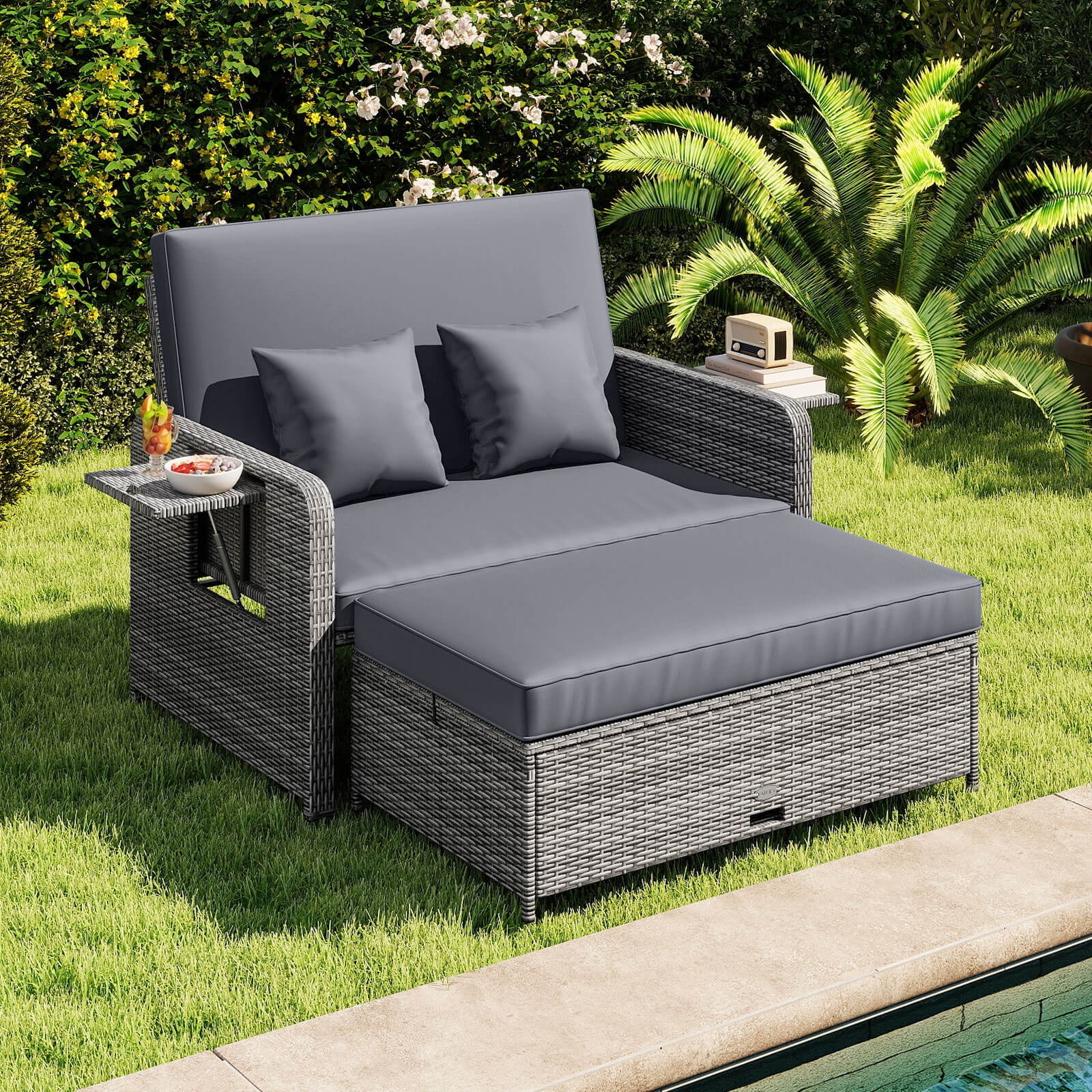 Costway Wicker Outdoor Patio Dining Set with Ottoman and Retractable Side Tray, Gray - Image 5