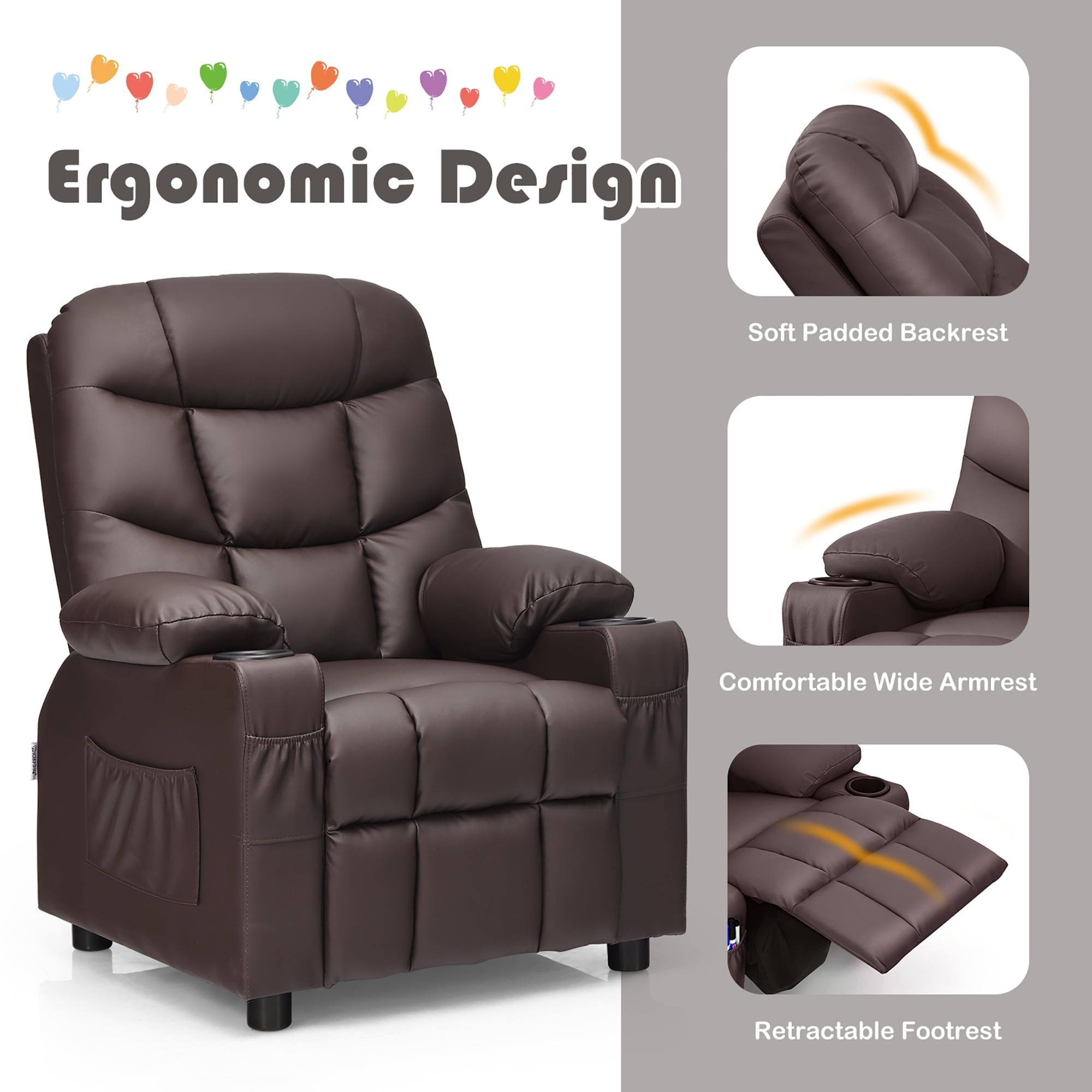 Costway Kids Youth Recliner Chair PU Leather w/Cup Holders & Side Pockets Brown - Image 4