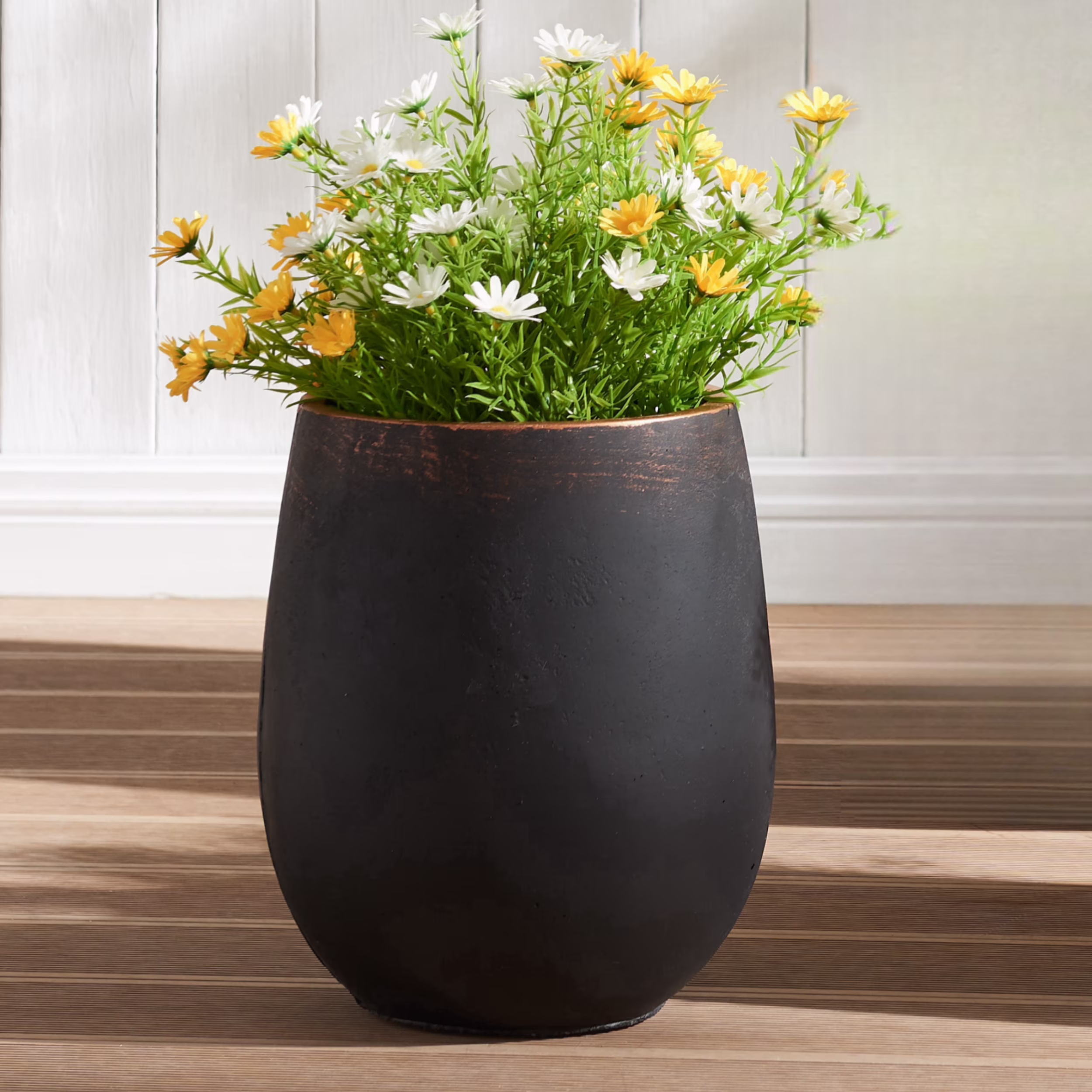 Wallowa 13.39" Dia x 15.35" H Concrete Planter, Outdoor Planter, Black with Gold Rim, Large Flower Pot
