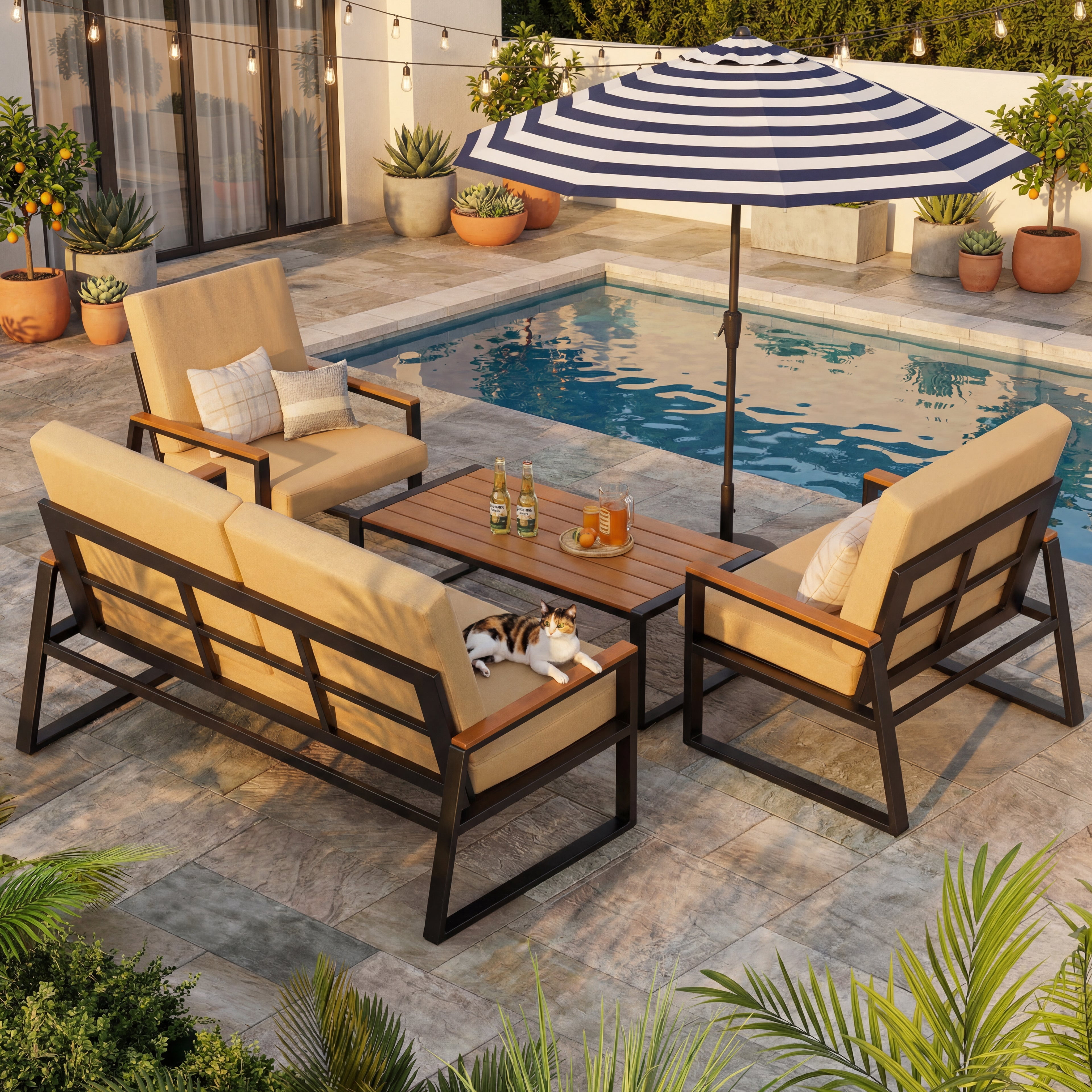 All-Weather Outdoor Patio Conversation Set, Patio Furniture Set with Loveseat, Armchairs, WPC Coffee Table and Removable Cushions for Garden, Backyard, Poolside, Begie