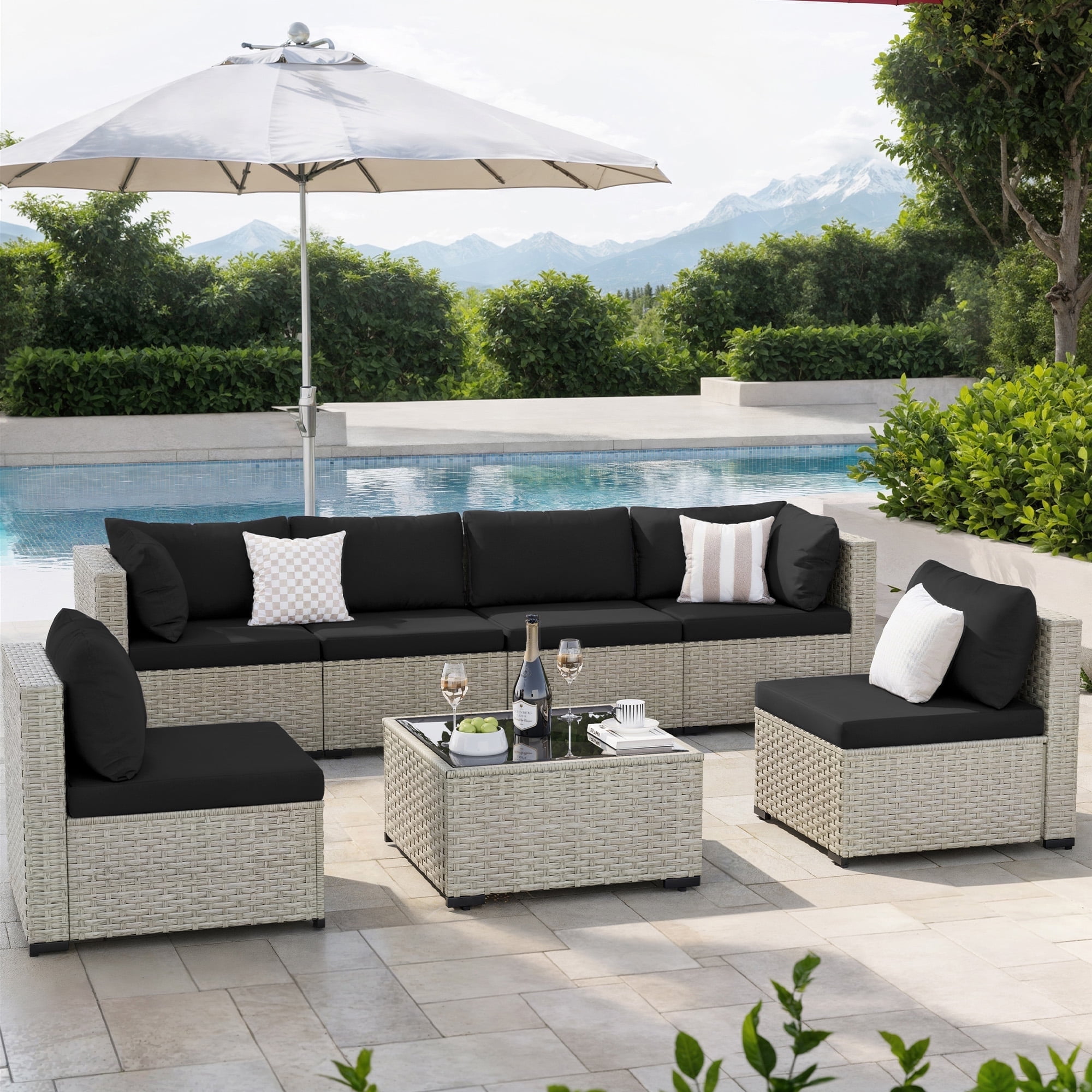 Amopatio 7 Pieces Patio Conversation Set, Outdoor Sectional PE Rattan Wicker Furniture Seat,BLACK