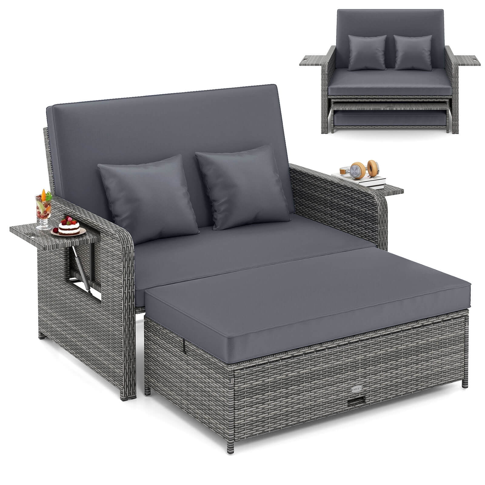 Costway Wicker Outdoor Patio Dining Set with Ottoman and Retractable Side Tray, Gray