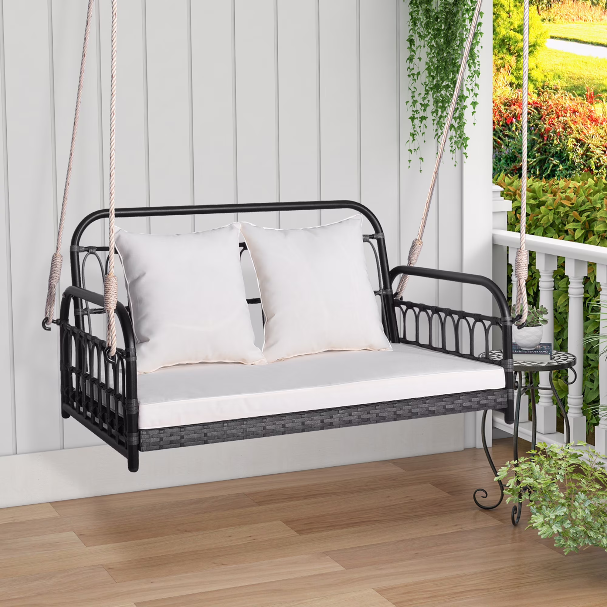 Costway Adult PE Wicker and Metal Hanging Outdoor Porch Swing, Mix Gray/Off White