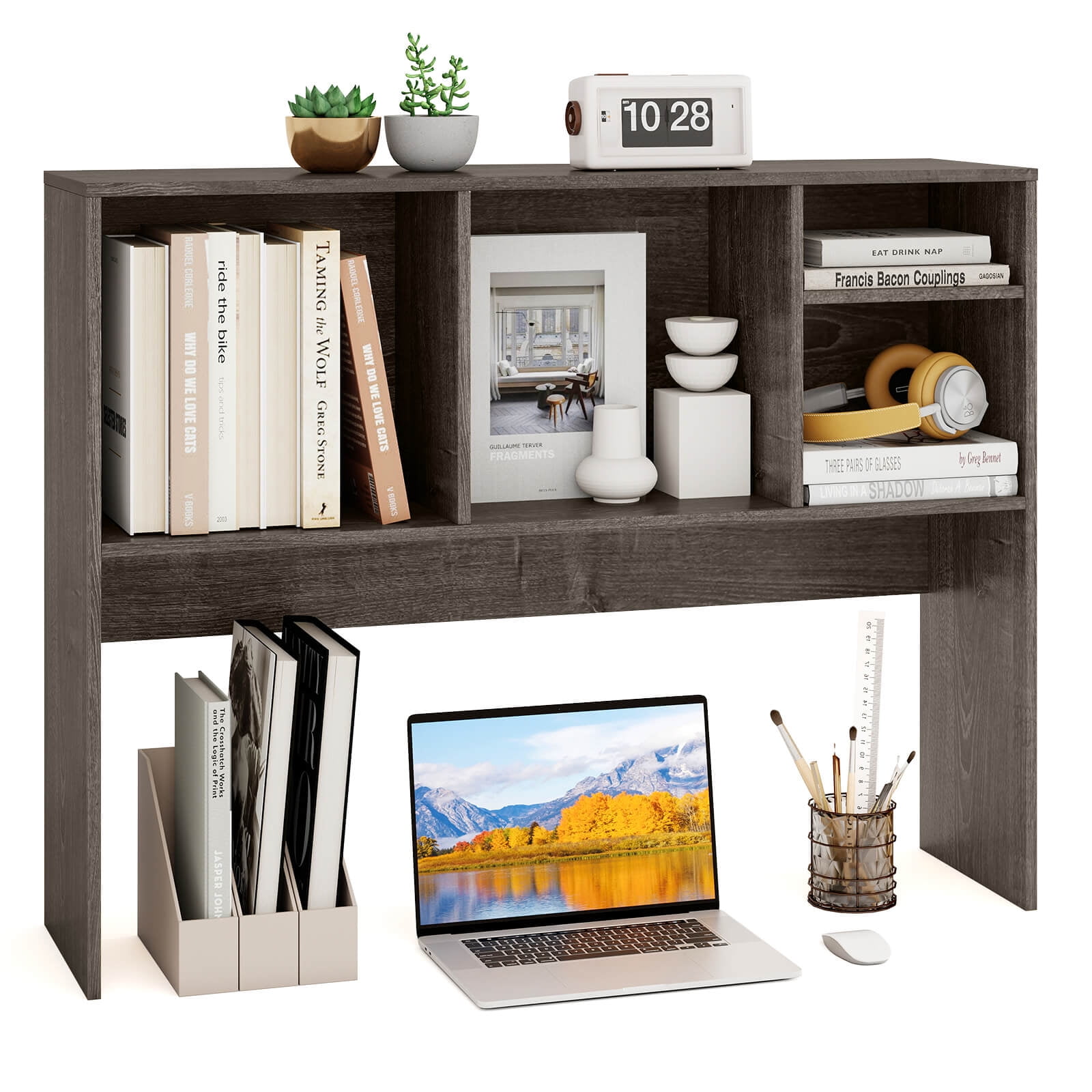 Costway Computer Desktop Bookcase Countertop Storage Bookshelf Organizer with 4 Cubbies Oak