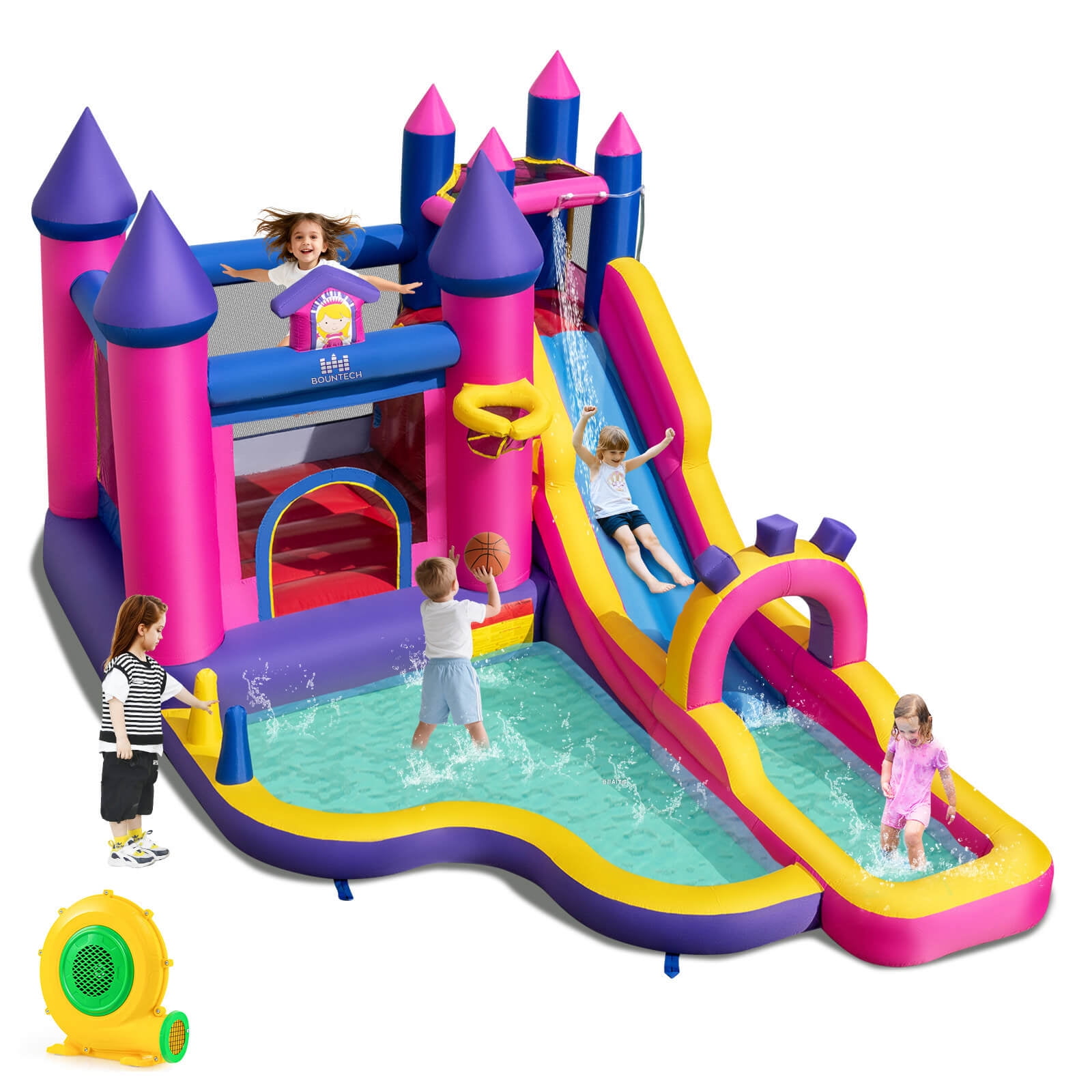 Costway Inflatable Water Slide with Climbing Wall Basketball Hoop Splash Pool 680W Blower