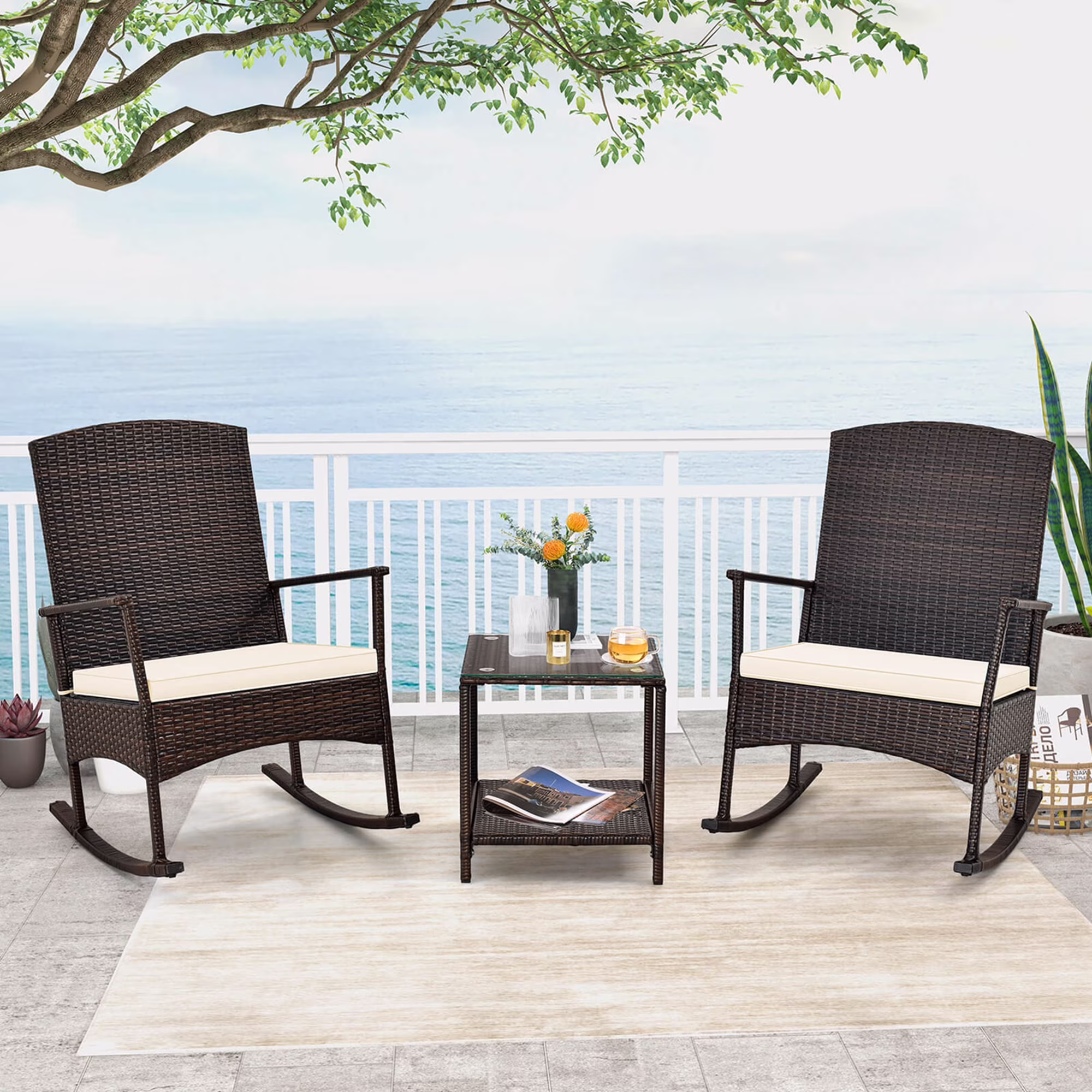 Costway Serenity 3 Piece Patio Rocking Wicker Rockers with White Cushions 2 Tier Coffee Table