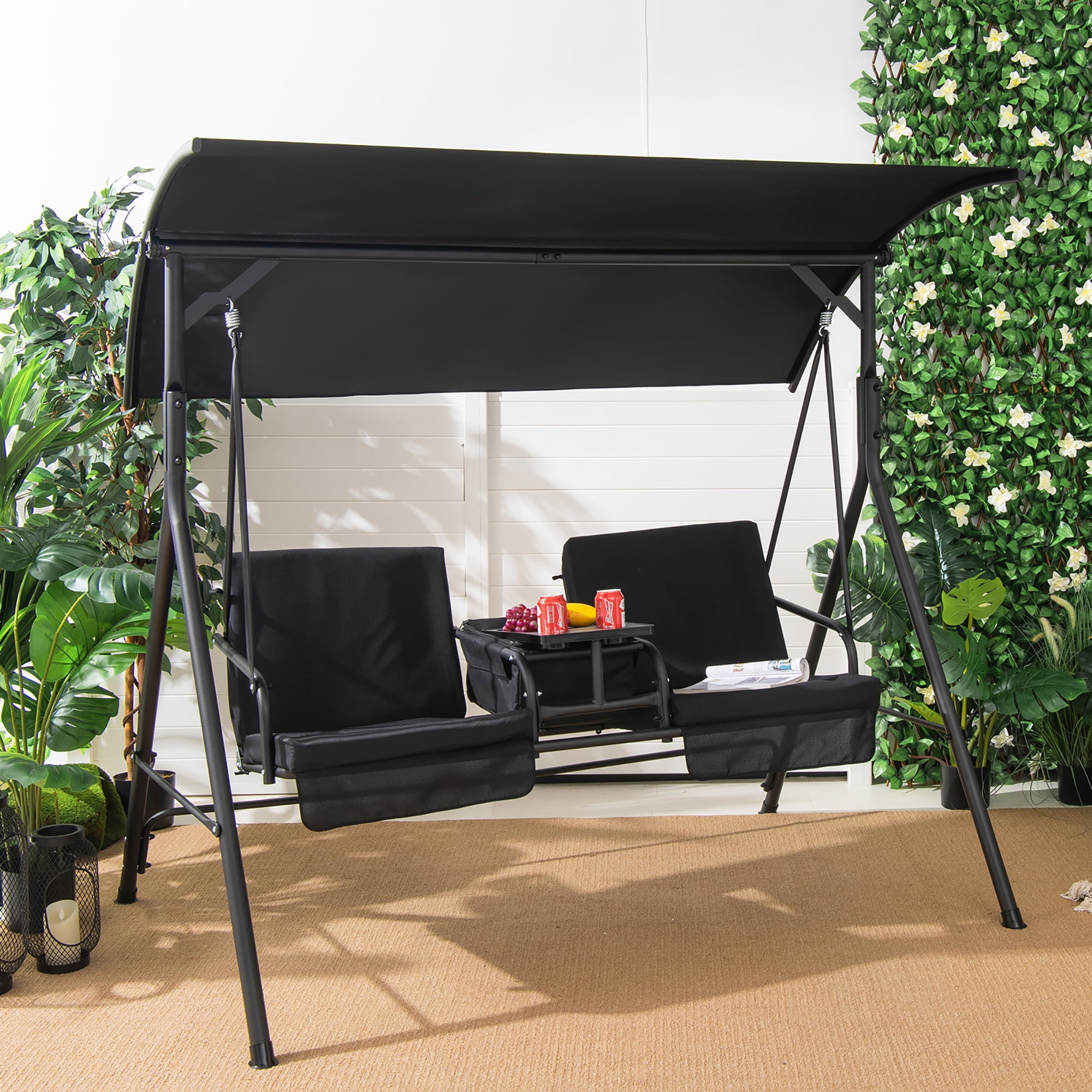 Costway 2-Person Canopy Porch Swing Padded Chair Cooler Bag Rotatable Tray Black