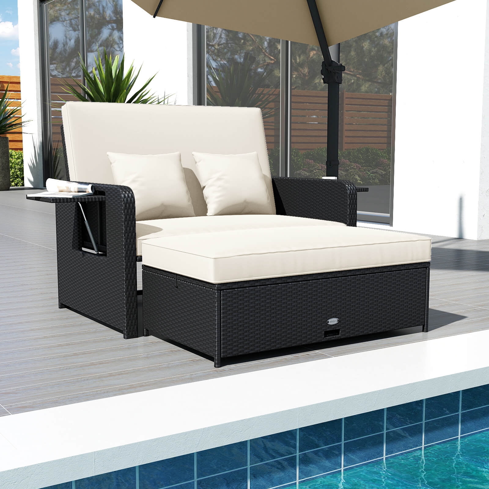 Costway 2 PCS PE Wicker Outdoor Daybed with 4-Level Adjustable Backrest, Storage Ottoman White + Black