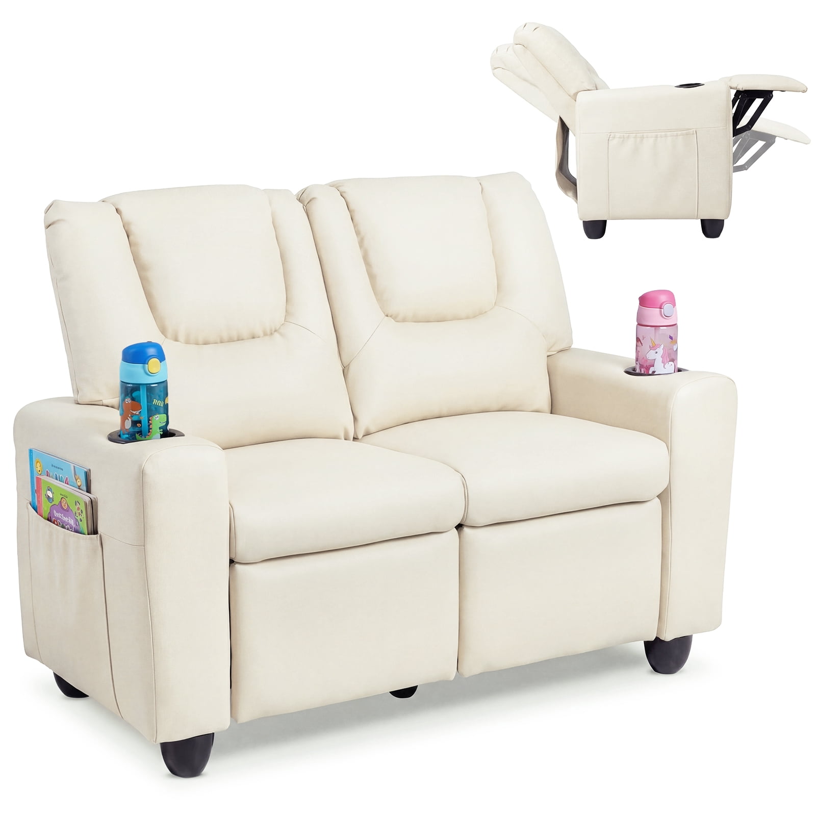 Costway 2-Seater Kids Recliner with Cup Holders Side Storage Pockets Adjustable Backrest Beige