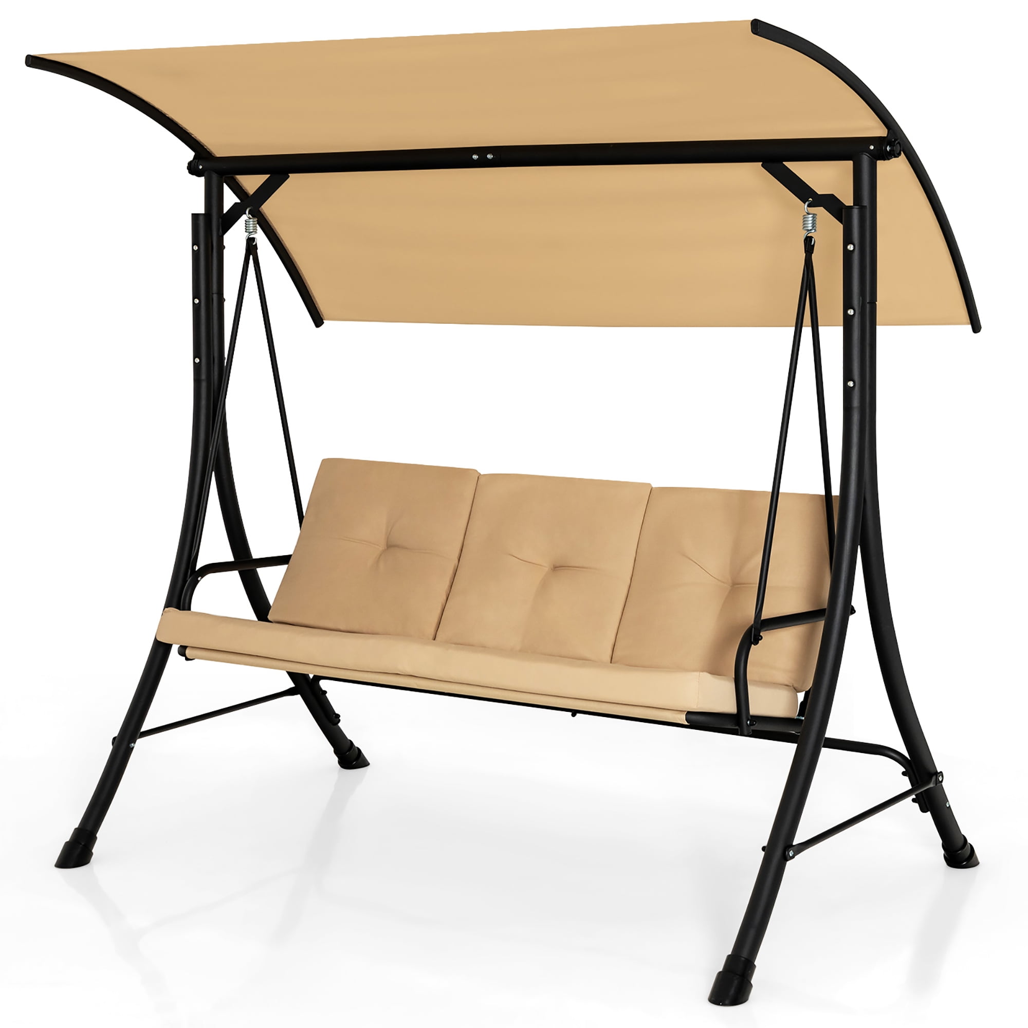 Costway 3-Seat Outdoor Porch Swing Adjustable Canopy Padded Cushions Steel Frame Beige