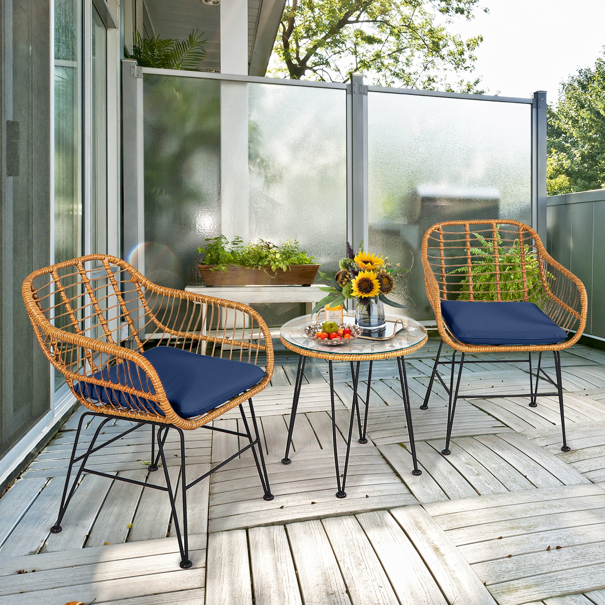Costway 3PCS Patio Rattan Bistro Furniture Set Cushioned Chair Table Navy
