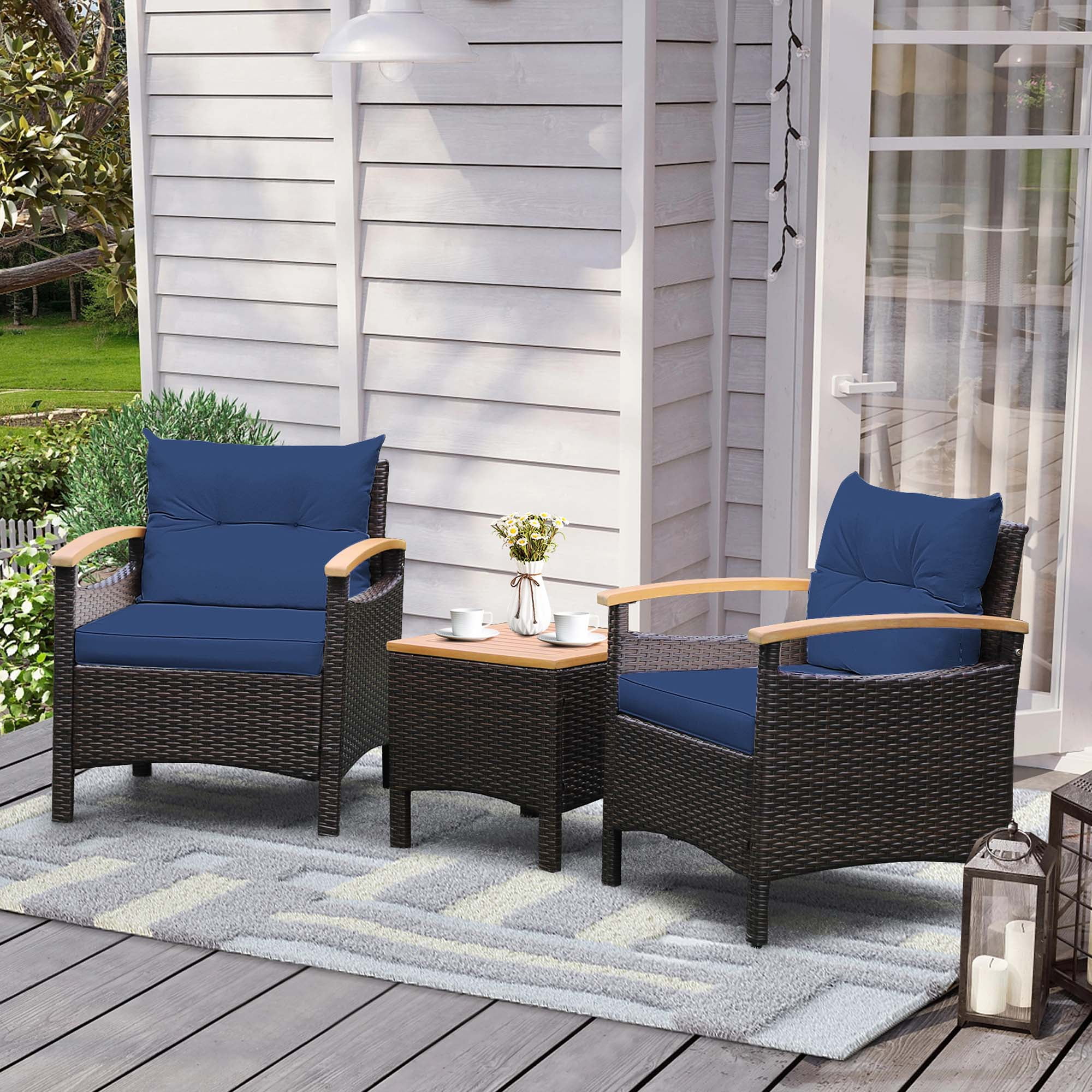 Costway 3PCS Patio Rattan Furniture Set Wooden Armrest Table Top Cushioned Deck