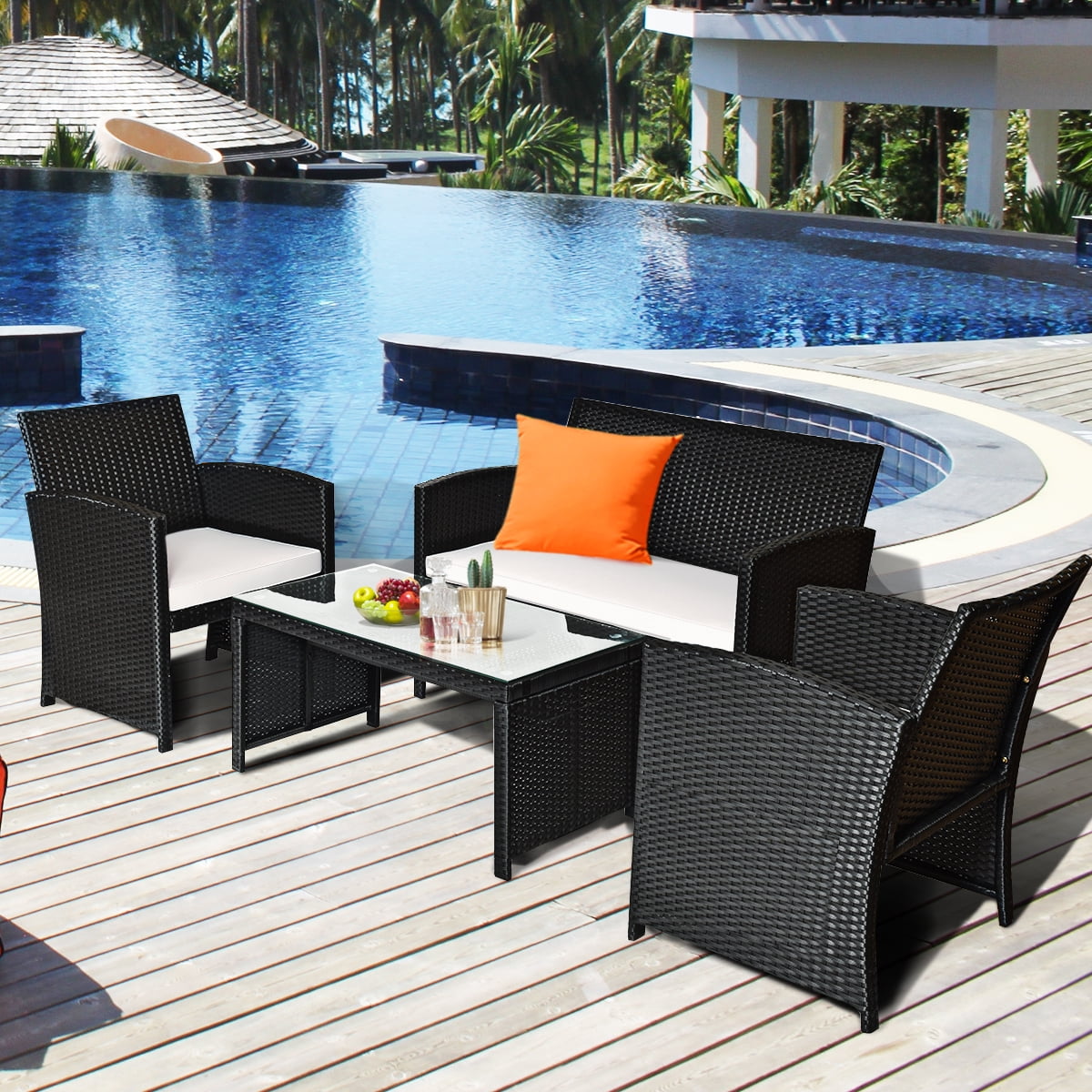 Costway 4-Piece Rattan Outdoor Conversation Set with Sofa and Coffee Table, Black