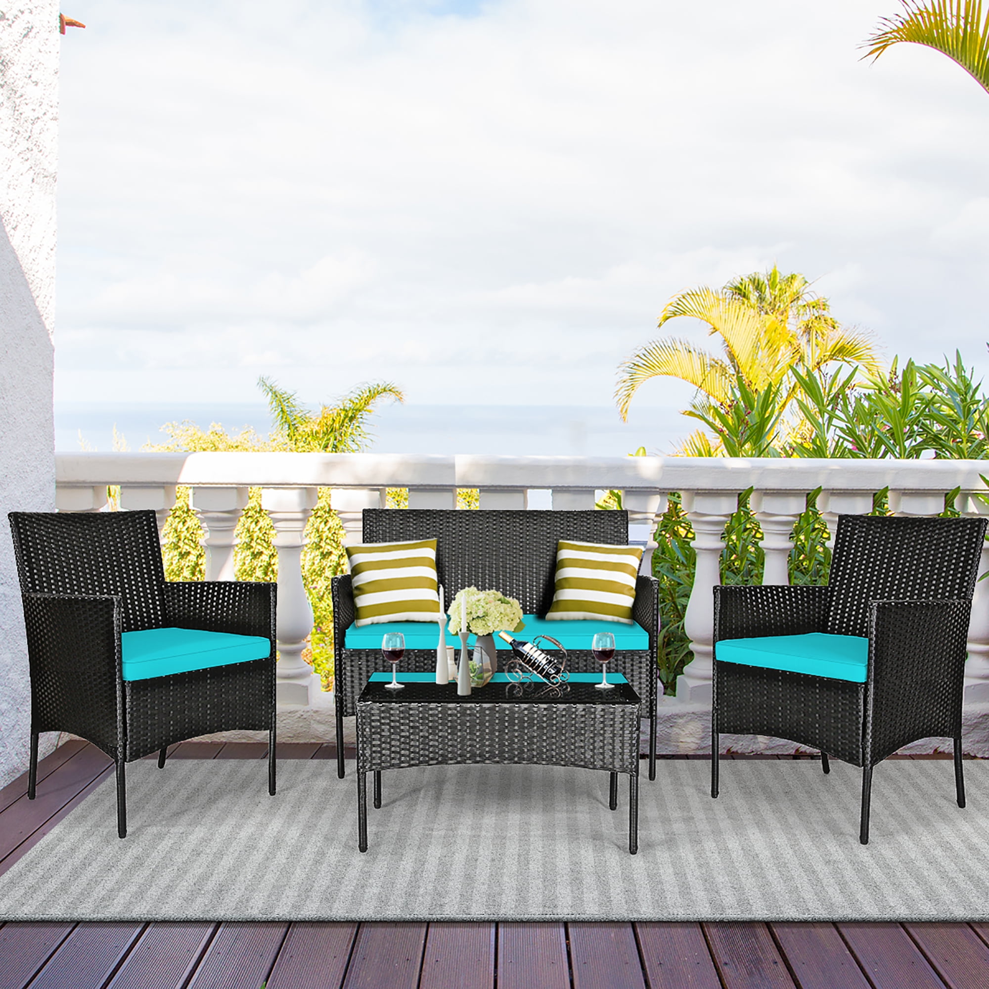 Costway 4PCS Patio Rattan Furniture Set Cushioned Sofa Coffee Table Backyard Turquoise