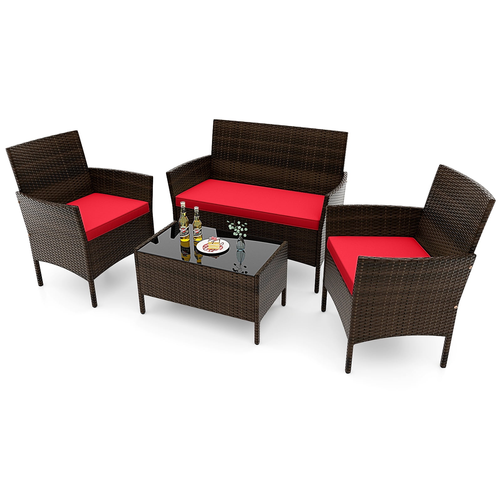 Costway 4PCS Rattan Patio Furniture Set Cushioned Sofa Chair Coffee Table Red