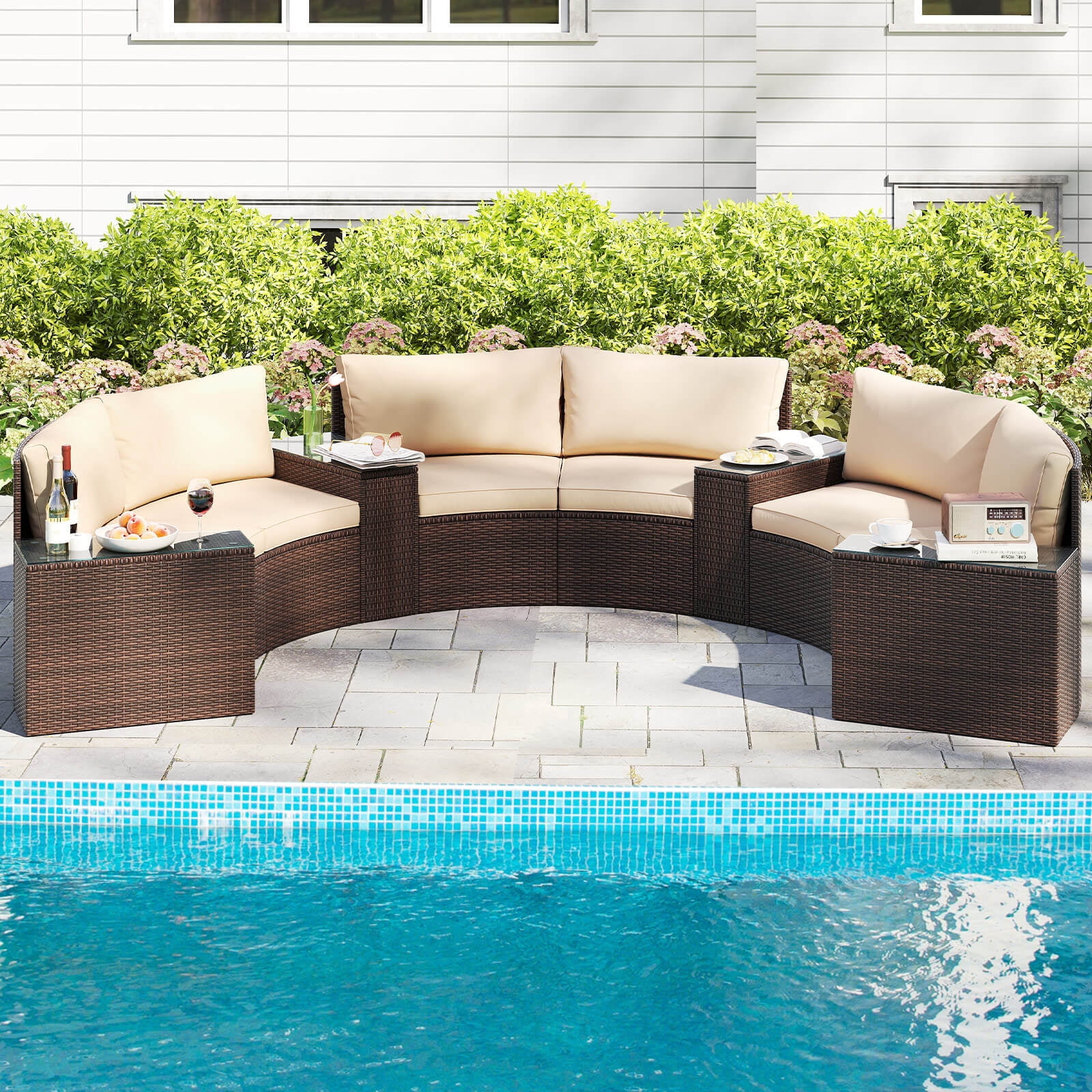 Costway 7 PCS Patio Furniture Set with Tempered Glass Top Side Tables Back & Seat Cushions