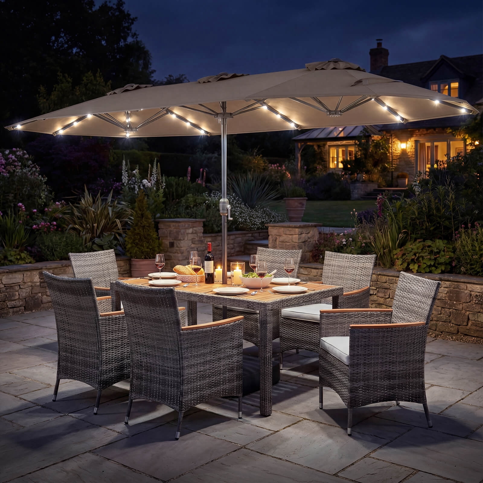 Costway 8 PCS Outdoor Wicker Dining Furniture & Double-Sided Umbrella with Solar LED Lights Tan + Mix Gray
