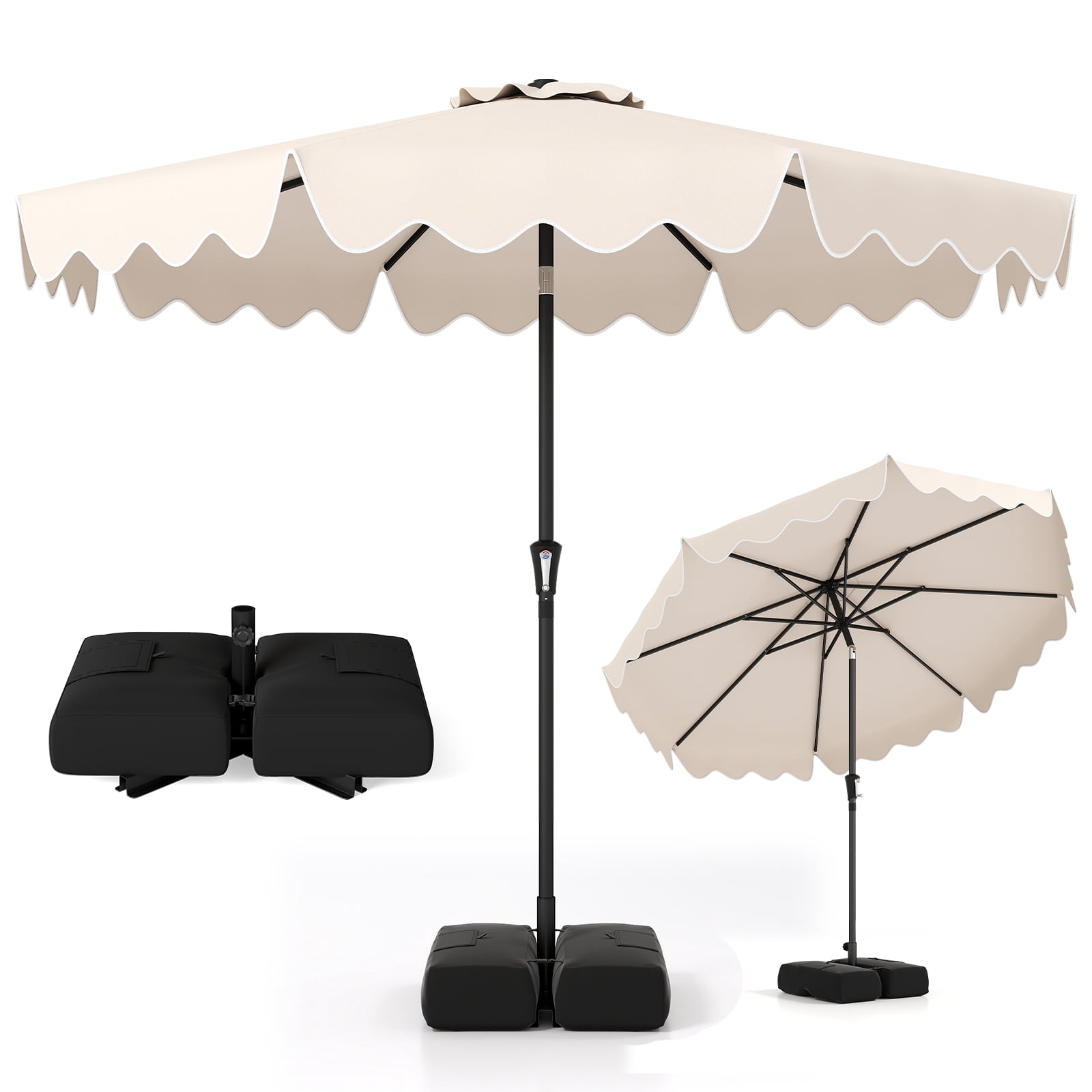 Costway 9 FT Patio Umbrella with Weighted Base Sandbags Push Button Tilt Crank Sturdy Ribs Beige