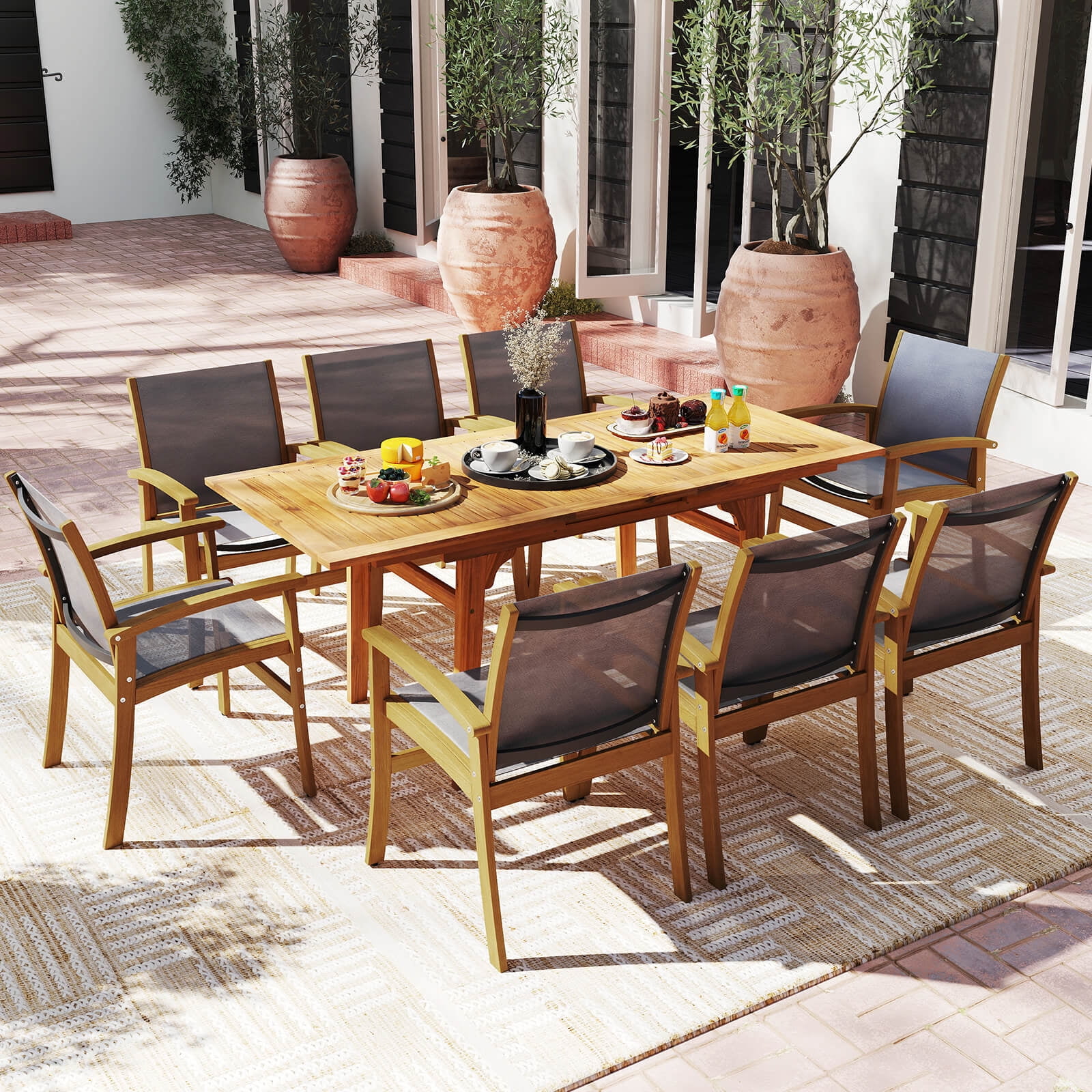 Costway 9 PCS Acacia Wood Outdoor Dining Set for 6-8 with 1.97 Natural + Gray