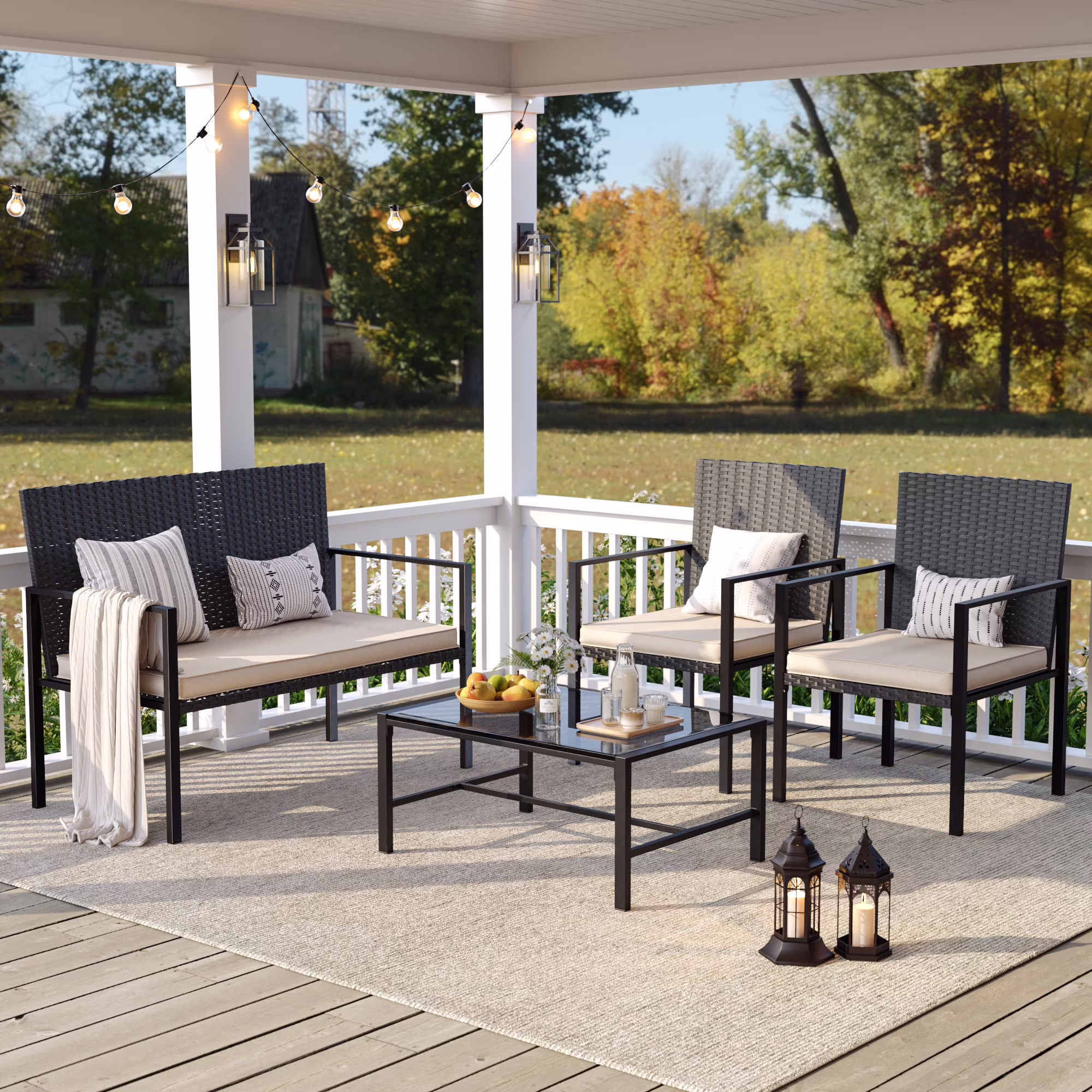 ELPOSUN Patio Furniture Sets for 4, 4 Pieces Patio Comversation Set with Glass Coffee Table,for Backyard Balcony Lawn Pool,Black/Beige