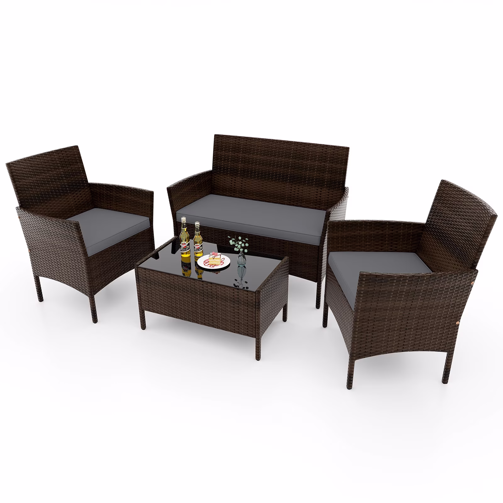 Gymax 4PCS Patio Rattan Conversation Furniture Set Outdoor w/ Gray Cushion