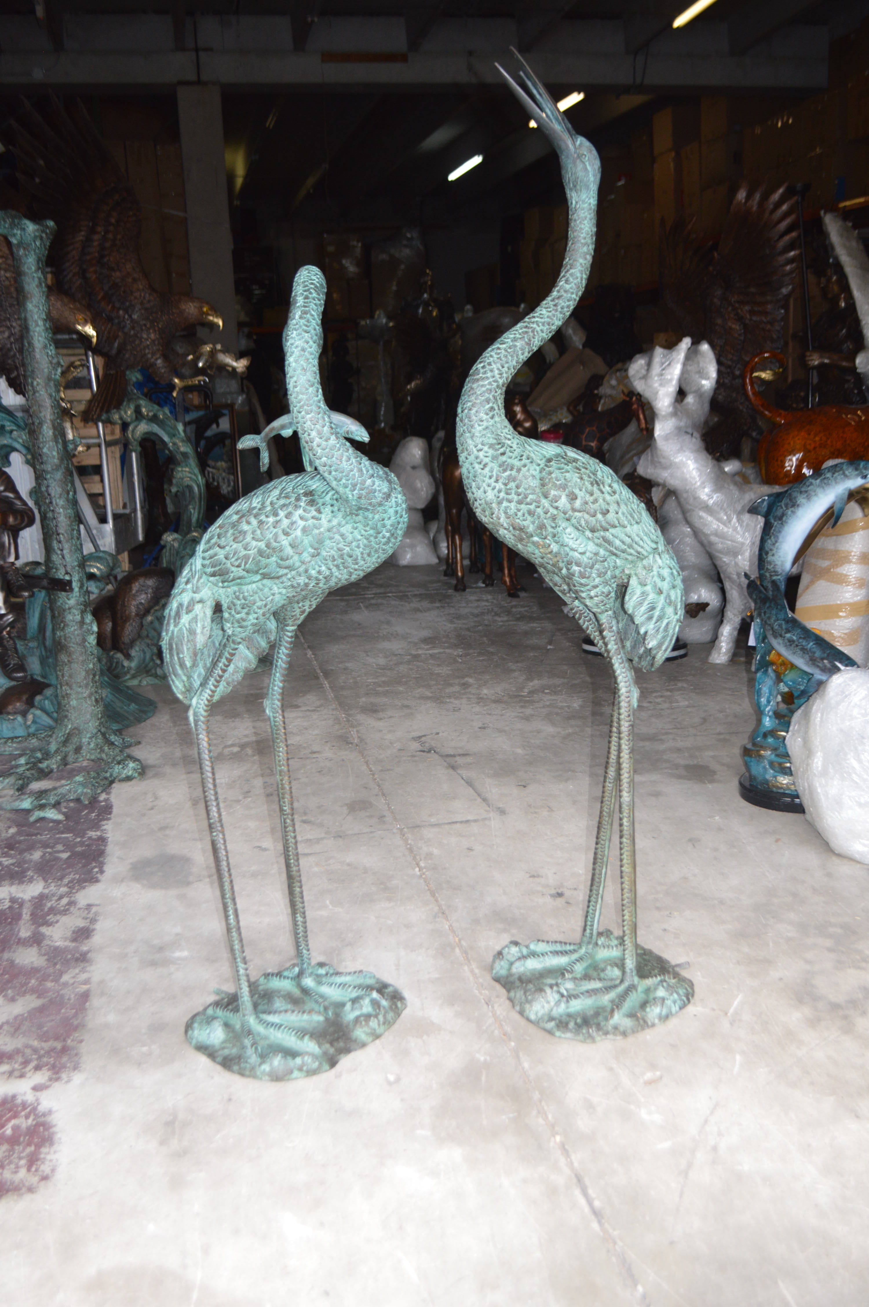 Nifao Pair of Cranes fountains Bronze Statue â€“ Green Patina - – Garden Outdoor Decor Sculpture, 13"L x 9.5"W x 52"H