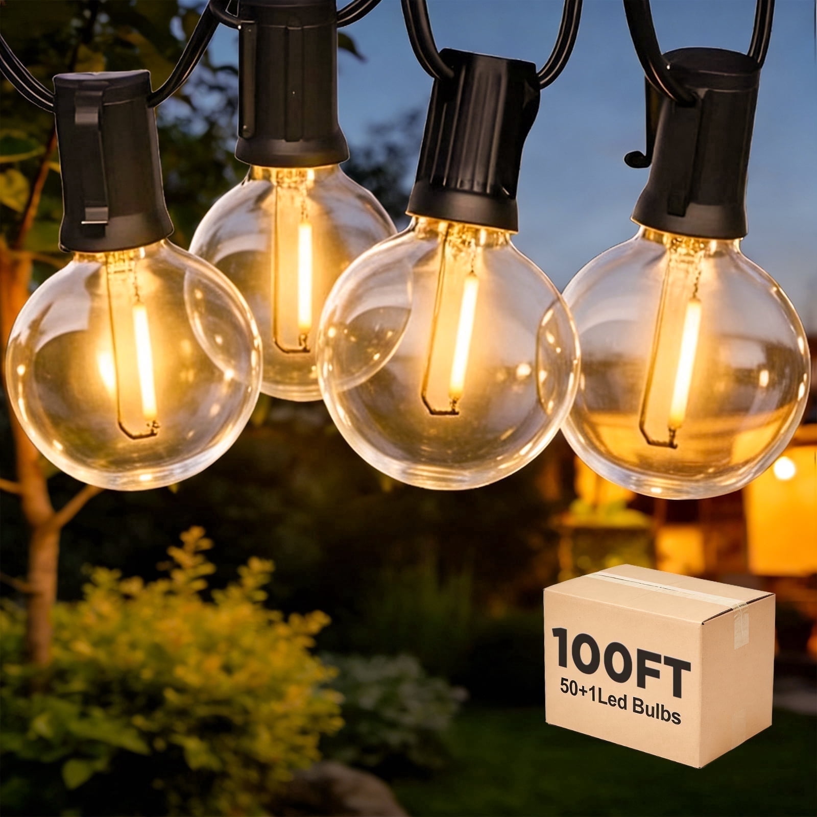 Outdoor String Lights, 100 ft with 50 G40 LED Bulbs Waterproof for Patio Garden Backyard Yard Decorations