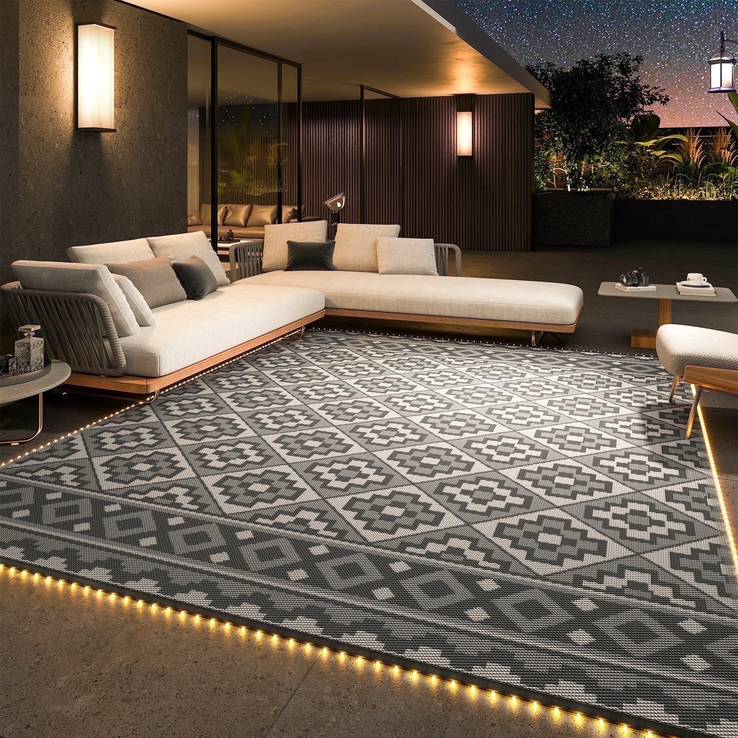 SIXHOME Outdoor Rug with LED Strip Light 9'x12' Waterproof Reversible Patio Rug Modern Lightweight Plastic Straw Indoor Outdoor Rug for RV Camping Deck Balcony Porch Boho Patio Decor Light Gray
