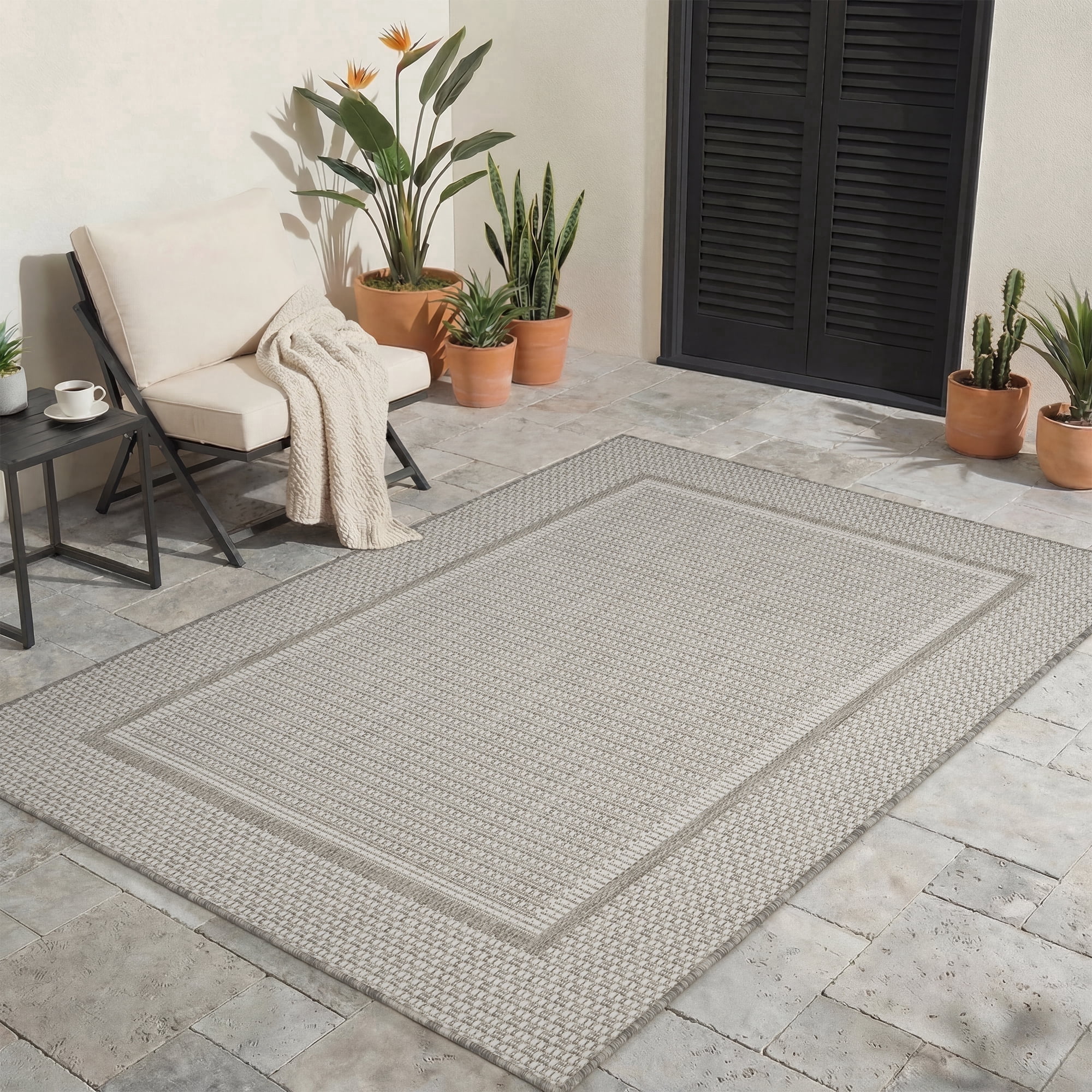 SIXHOME Outdoor Rugs 4'x6' Patio Rug Modern Bordered Indoor Outdoor Rugs Polypropylene Washable Non Shedding, Easy Clean, Waterproof, Durable Outdoor Carpet for Porch Balcony Deck Neutral Gray