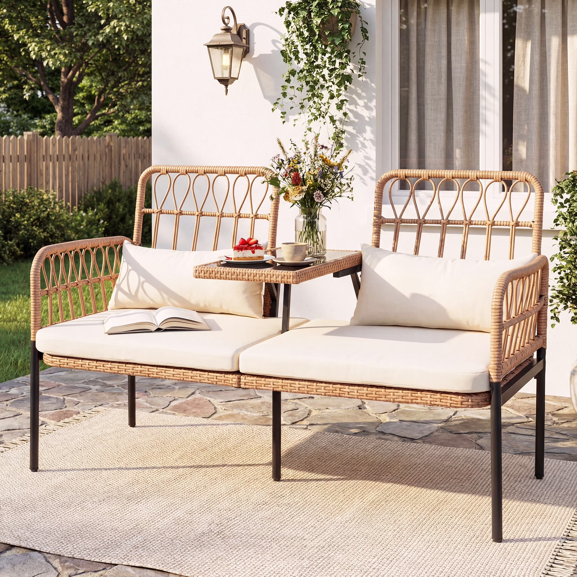 Tappio Outdoor Rattan Loveseat, Patio Rattan Conversation Set Seat Sofa Cushioned Loveseat Table Chairs with Built-in Coffee Table, Beige