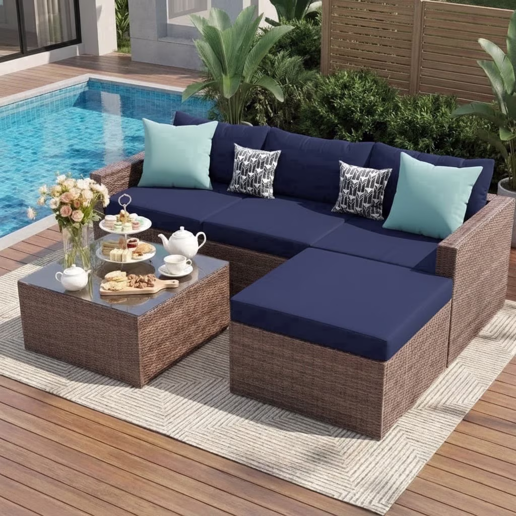 UDPATIO 5-Piece Patio Furniture Set,Outdoor Patio Furniture Set All-Weather Rattan Wicker Patio Conversation Set with Ottoman, Cushions & Glass Table for Garden & Backyard,Navy Blue