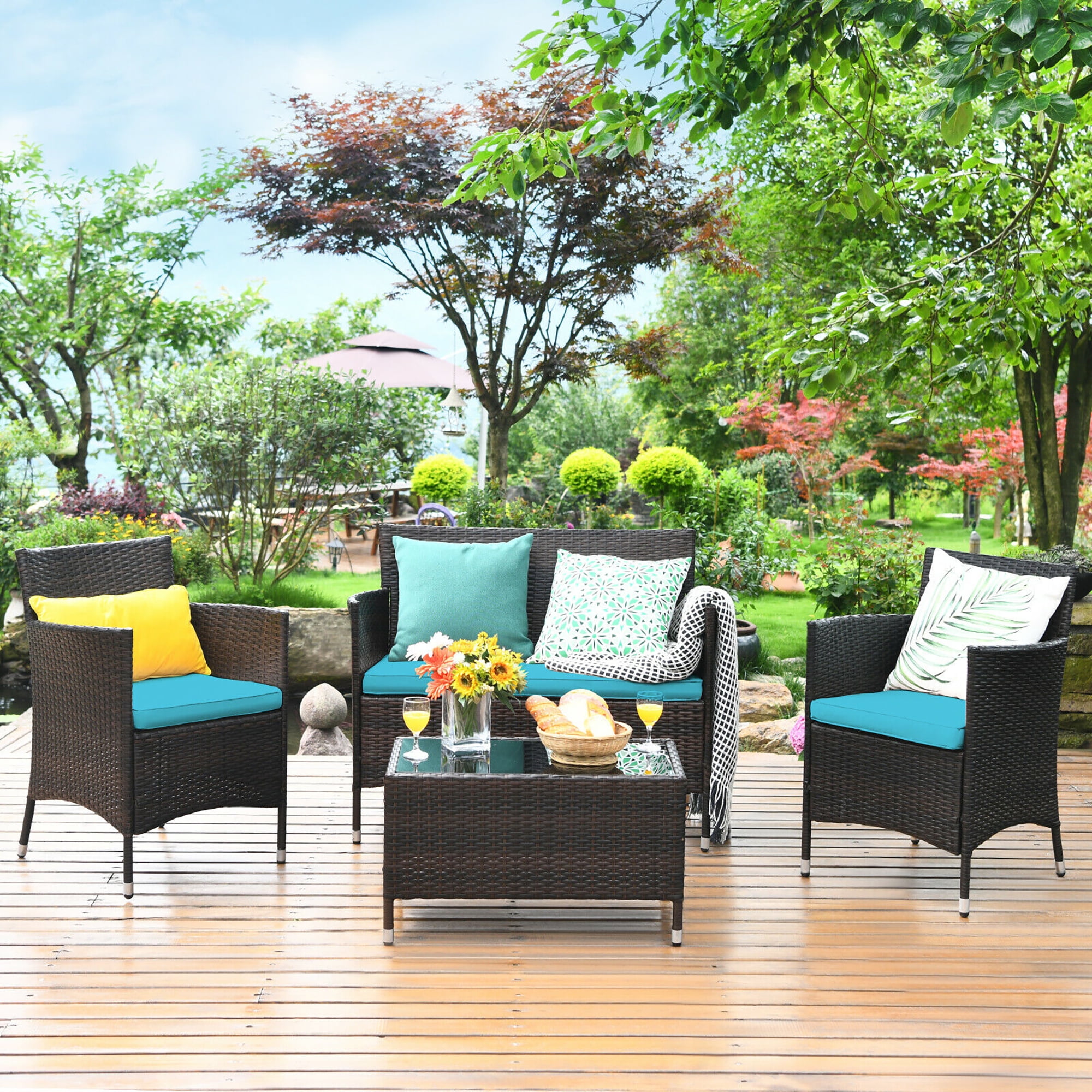 Costway 4PCS Outdoor Patio PE Rattan Wicker Table Shelf Sofa Furniture Set With Turquoise Cushion