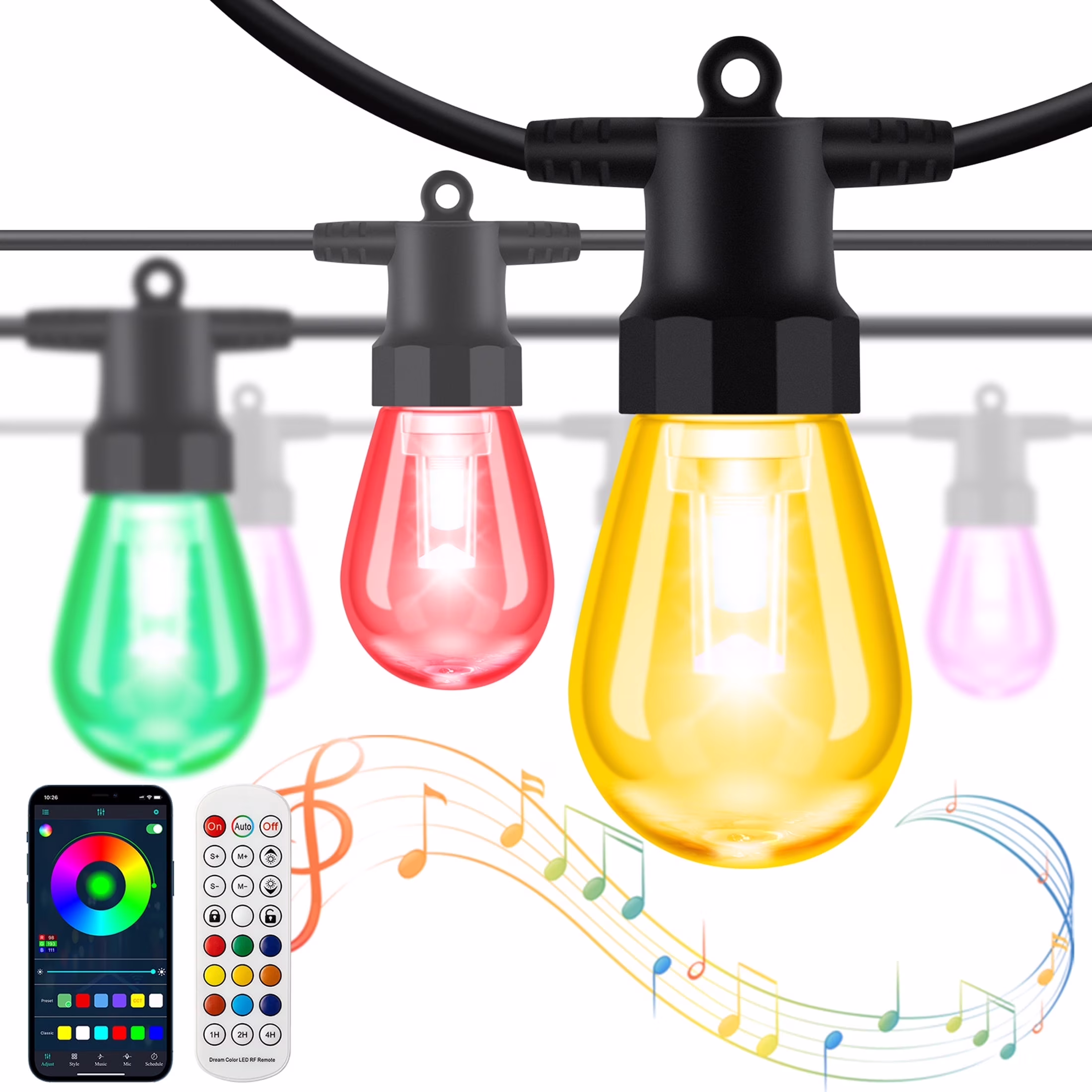 48ft Outdoor String Lights, Color Changing RGB & Warm White LED, App & Remote Control, Music Sync, Weatherproof Patio Lights for Garden, Porch & Backyard Decor