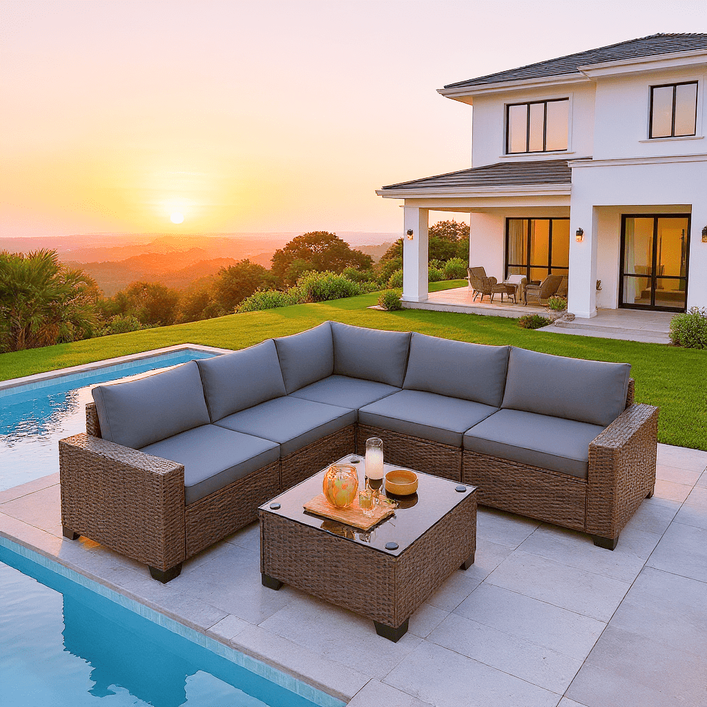 6 Piece Outdoor Patio Furniture Set, Asofer Rattan Wicker Outdoor Conversation Sectional Sofa Set, Gray